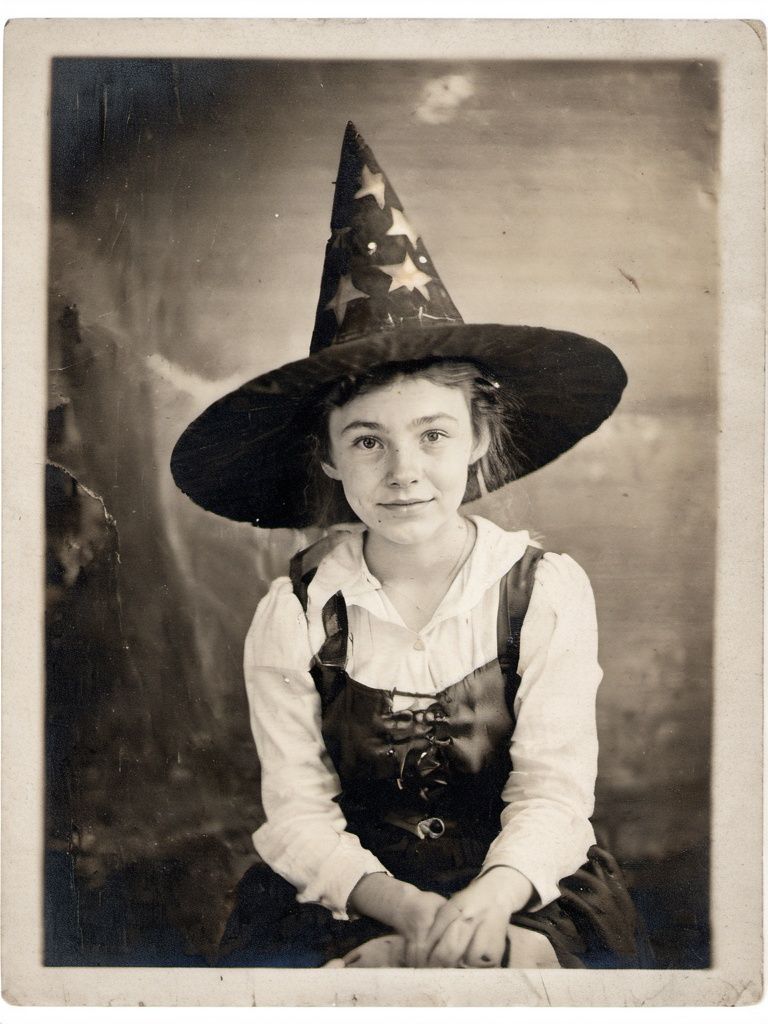 photograph of a cute young woman wearing a pointed witch hat on Tensor.Art