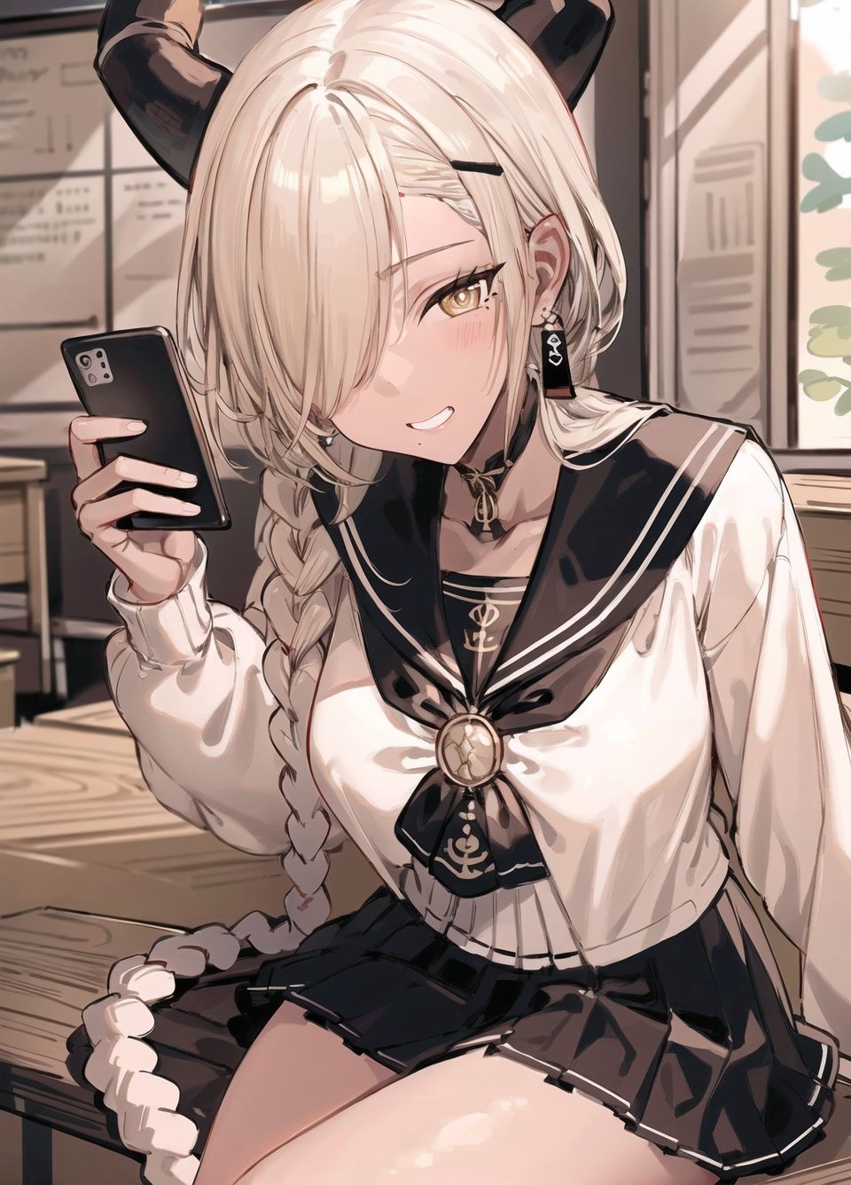 owari\(azur_lane\), horns, dark-skinned_female, twin_braids,hair_over_one_eye,earrings,mole under mouth, pleated skirt, (serafuku,sailor collar:1.2),cowboy shot,holding cellphone, sitting, classroom, sweater,, masterpiece, best quality, extremely detailed face, sharp details, high contrast,