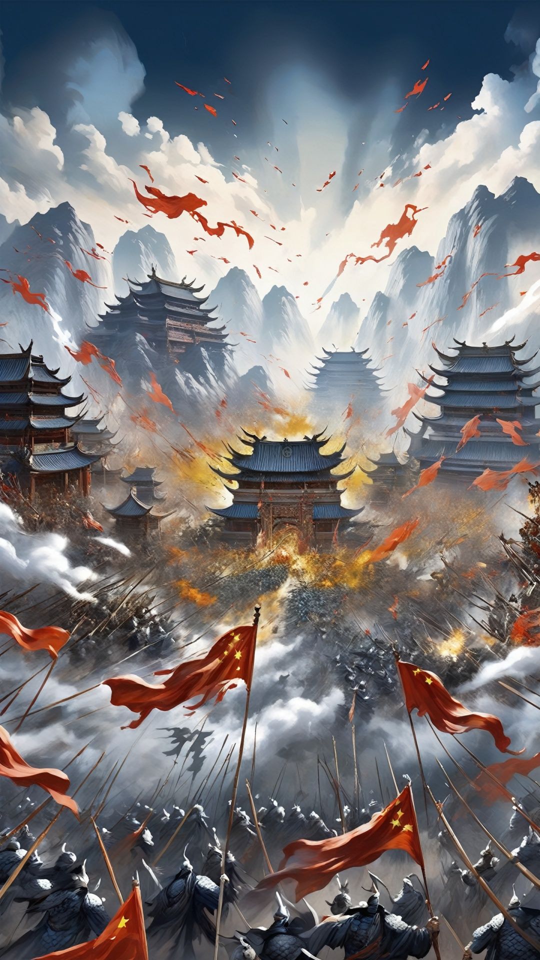 (Chinese fantasy style) (super realistic thick paint) Complex details, the scene depicts a large-scale immortal battle, the front of the immortal arrayed neatly, fairy flags flying, the formation pattern flickering on the ground