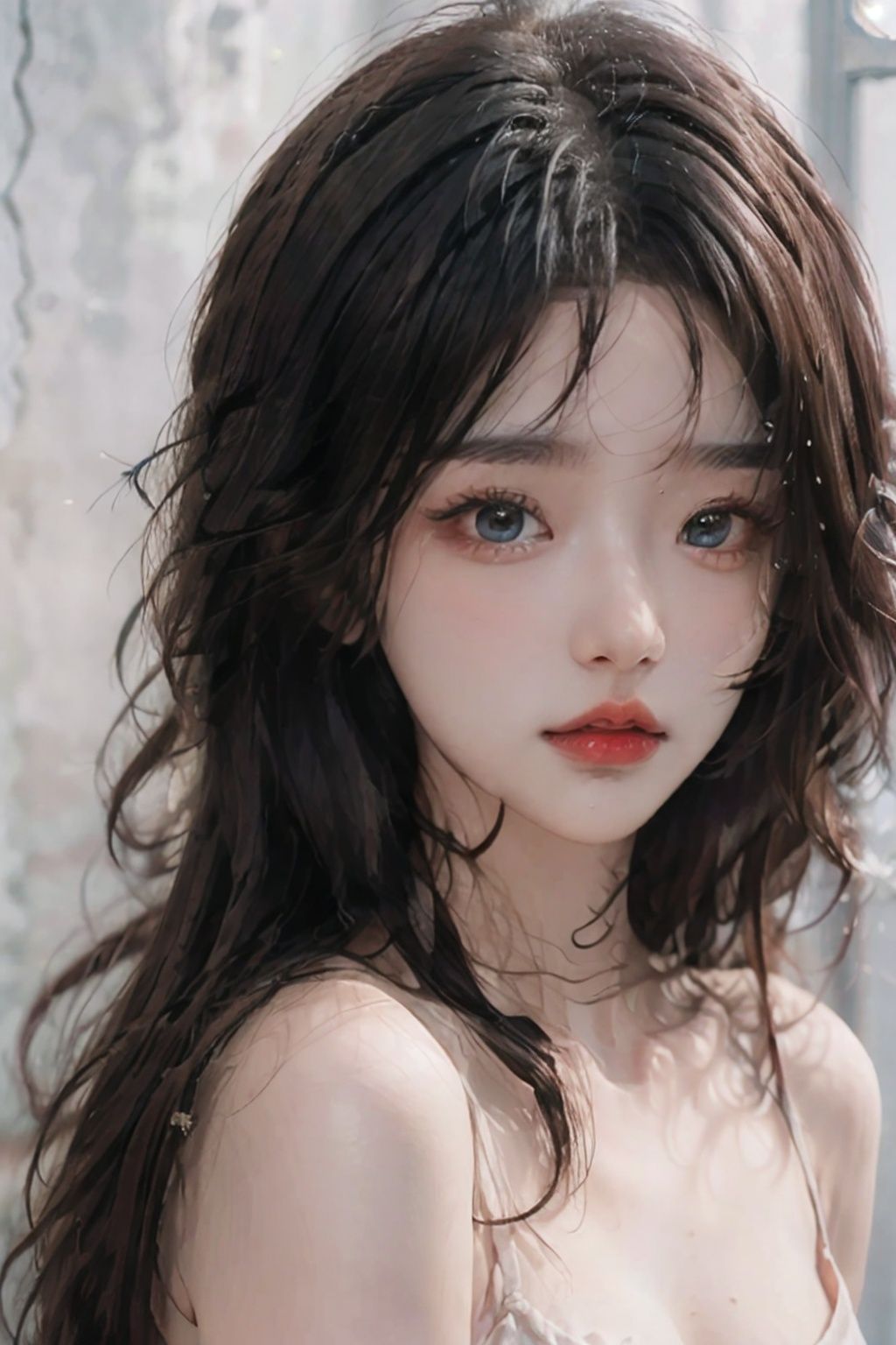masterpiece, best quality, beautiful young woman, shiny blue eyes, (detailed pupils:1.2), eyelash, beautiful light black hair, streaked hair, multi color, medium hair, perfect face, detailed,