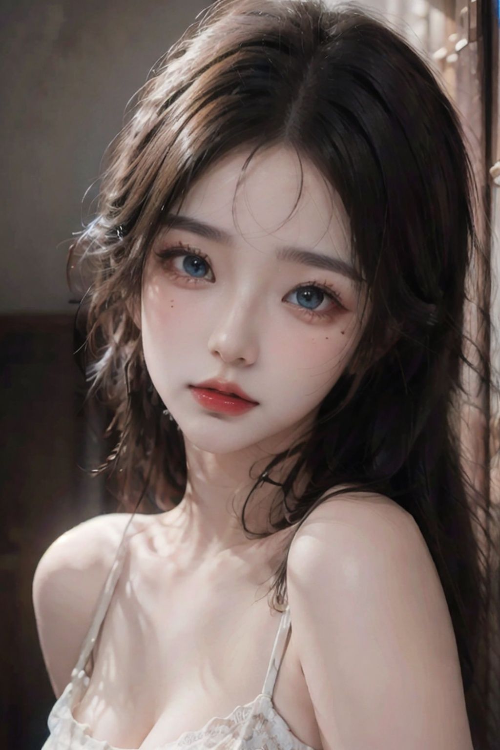 masterpiece, best quality, beautiful young woman, shiny blue eyes, (detailed pupils:1.2), eyelash, beautiful light black hair, streaked hair, multi color, medium hair, perfect face, detailed,