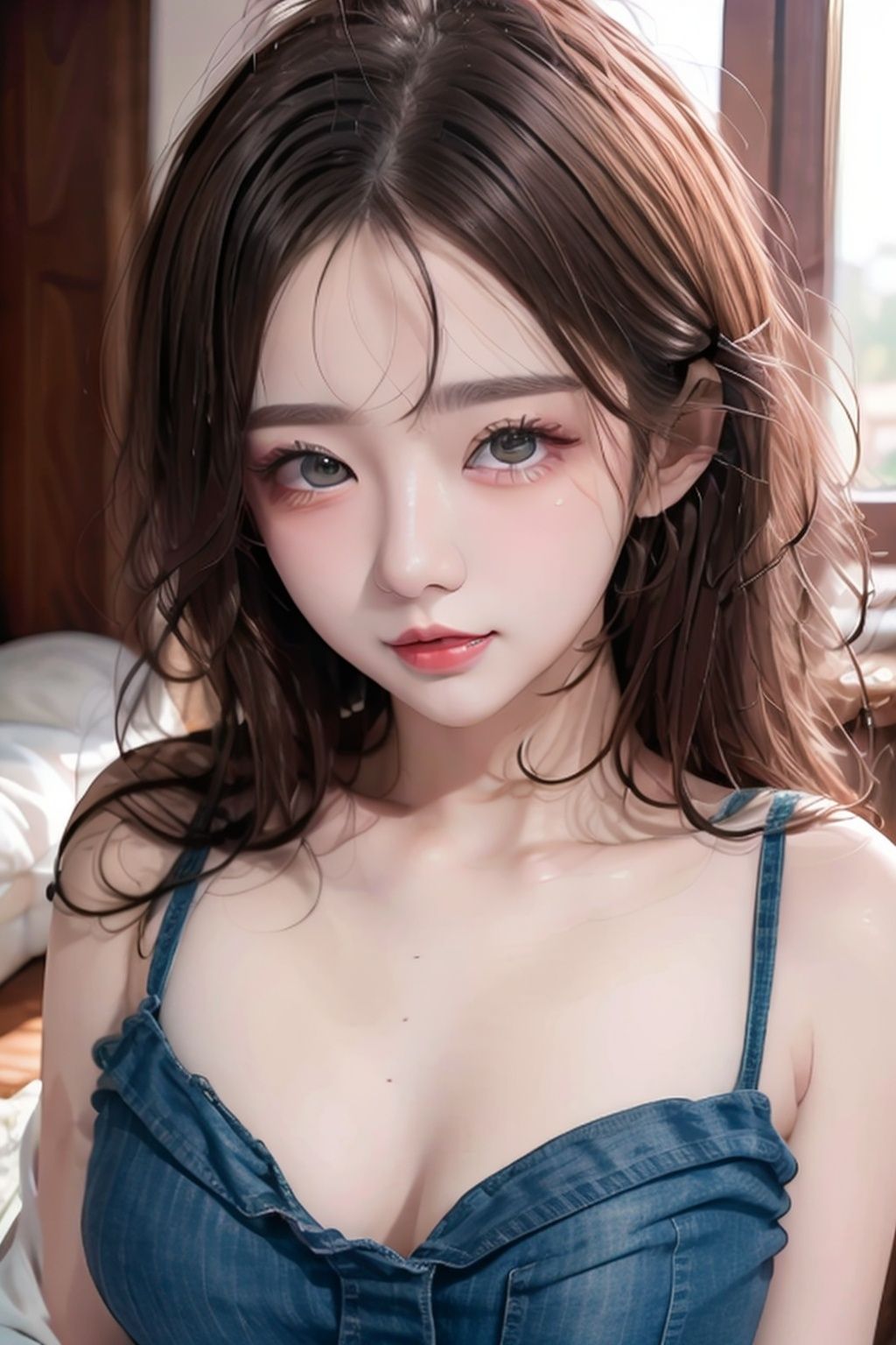 masterpiece, best quality, beautiful young woman, shiny blue eyes, (detailed pupils:1.2), eyelash, beautiful light black hair, streaked hair, multi color, medium hair, perfect face, detailed,