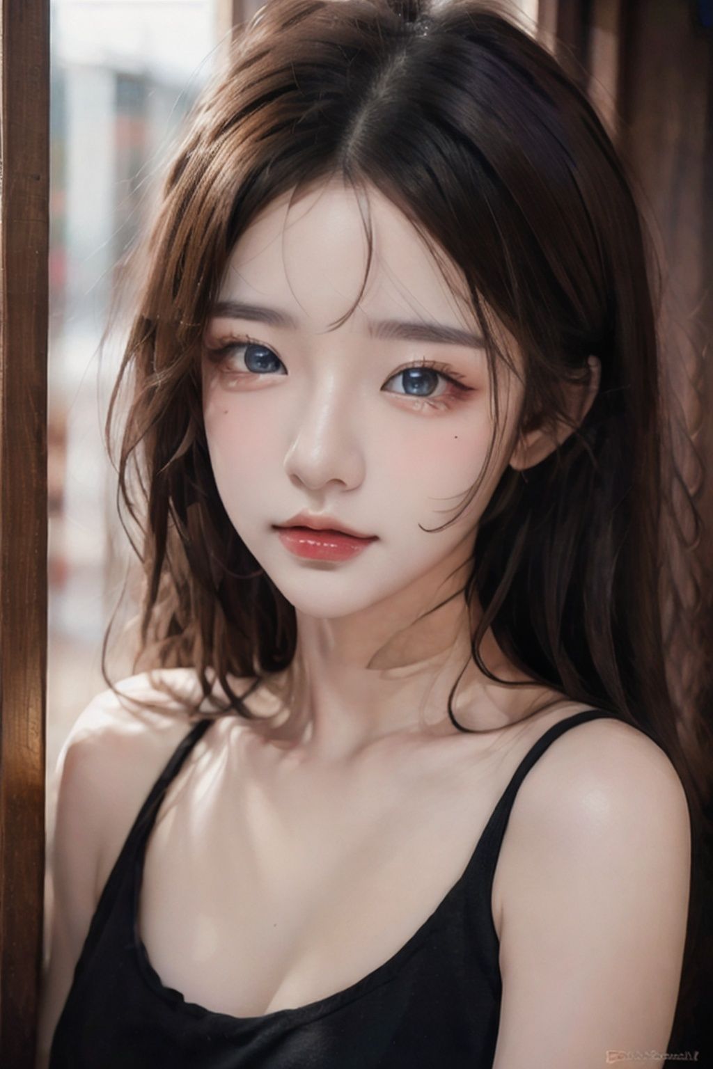masterpiece, best quality, beautiful young woman, shiny blue eyes, (detailed pupils:1.2), eyelash, beautiful light black hair, streaked hair, multi color, medium hair, perfect face, detailed,