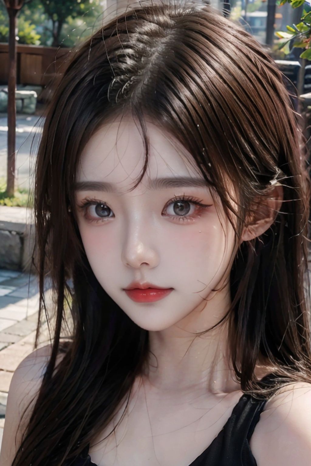masterpiece, best quality, beautiful young woman, shiny blue eyes, (detailed pupils:1.2), eyelash, beautiful light black hair, streaked hair, multi color, medium hair, perfect face, detailed,