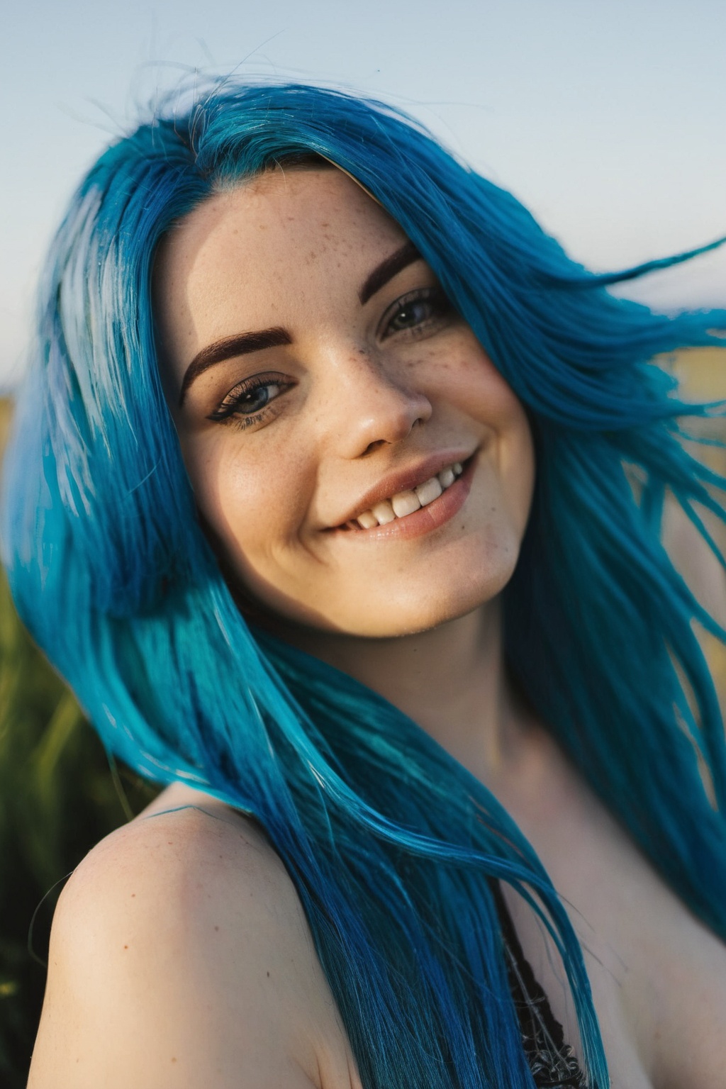 uppper body of 22 years old blue hair woman,  smiling under the sunlight on Tensor.Art