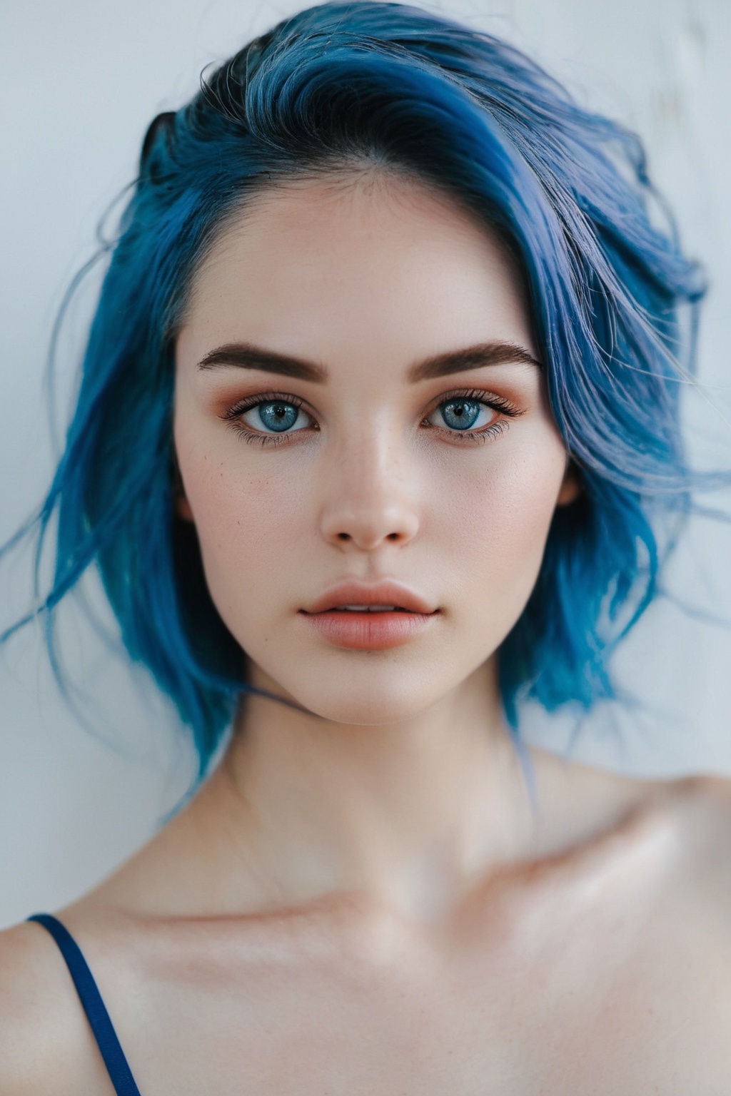 uppper body of 22 years old blue hair woman,  Clear skin,  bright eyes on Tensor.Art