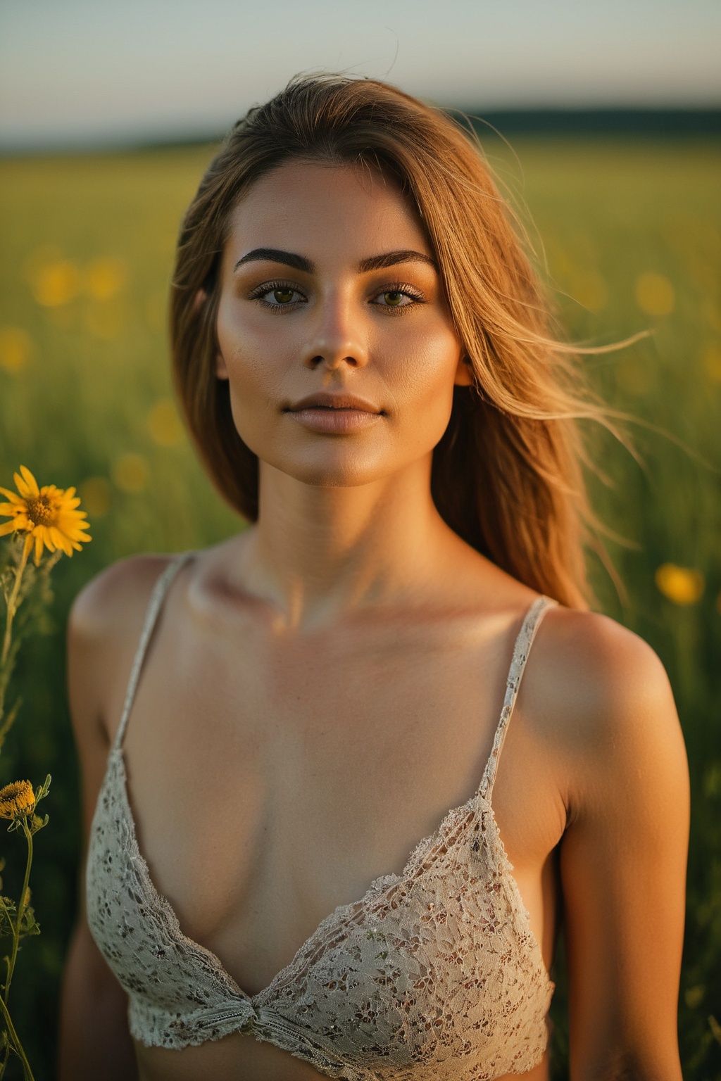 The woman's face is illuminated by soft natural light,  highlighting her gentle smile and sparkling eyes. She is topless w...