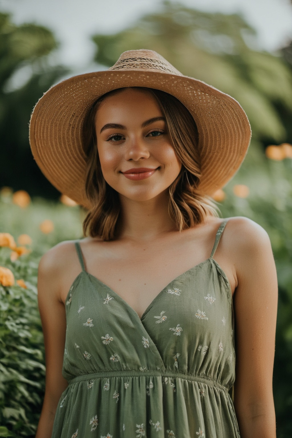 The photo was shot by a Canon EOS Rebel T6 from a high angle. The girl in the photo has a bright smile on her face,  with...