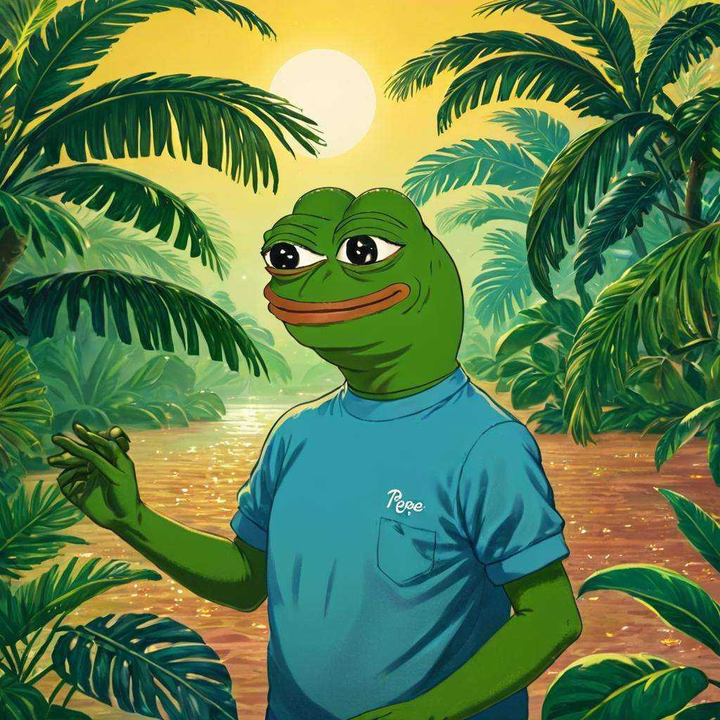 A tropical environment with a party atmosphere and a lot of wealth,  (((pepe_frog))),  1 boy on Tensor.Art