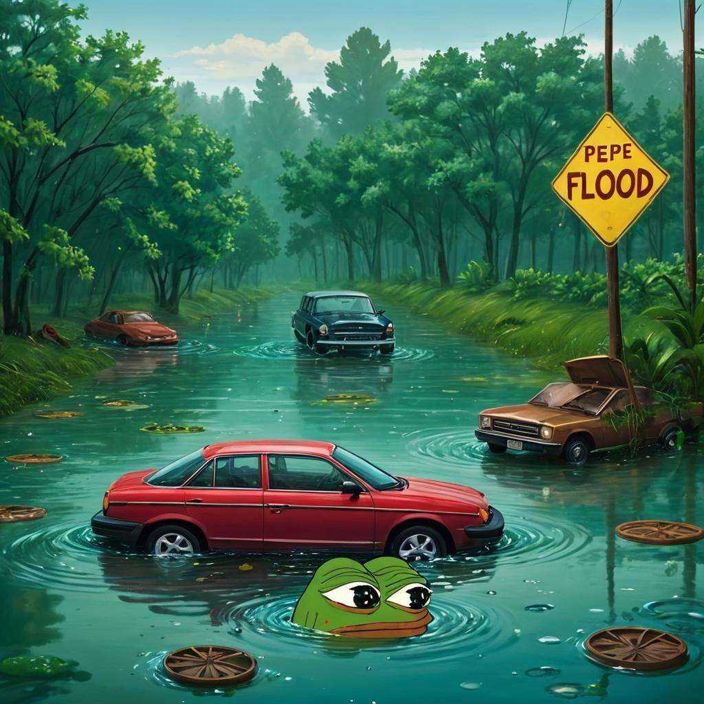 A place taken by a flood with everyday objects floating and cars submerged in the water,  (((pepe_frog))),  1 boy on Tenso...