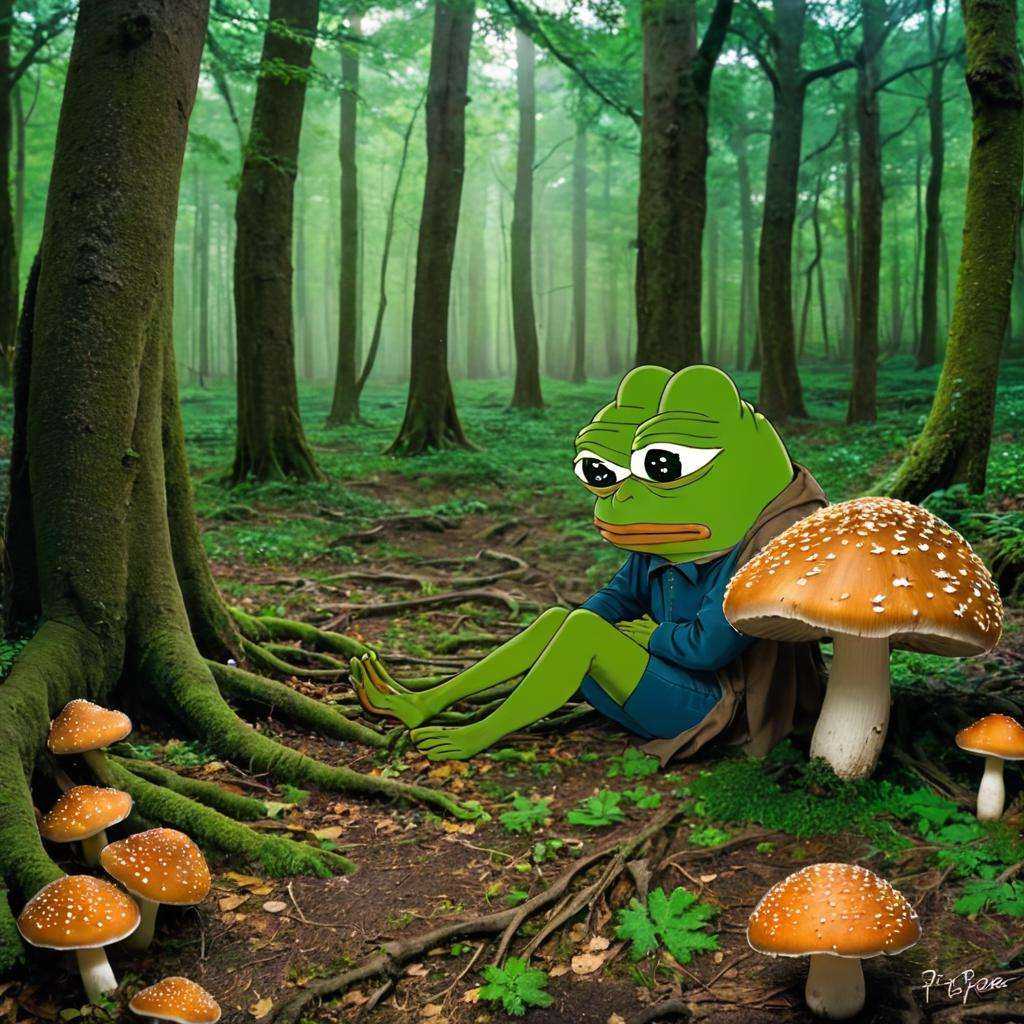 A place taken over by mushrooms and tree roots,  (((pepe_frog))),  1 boy on Tensor.Art