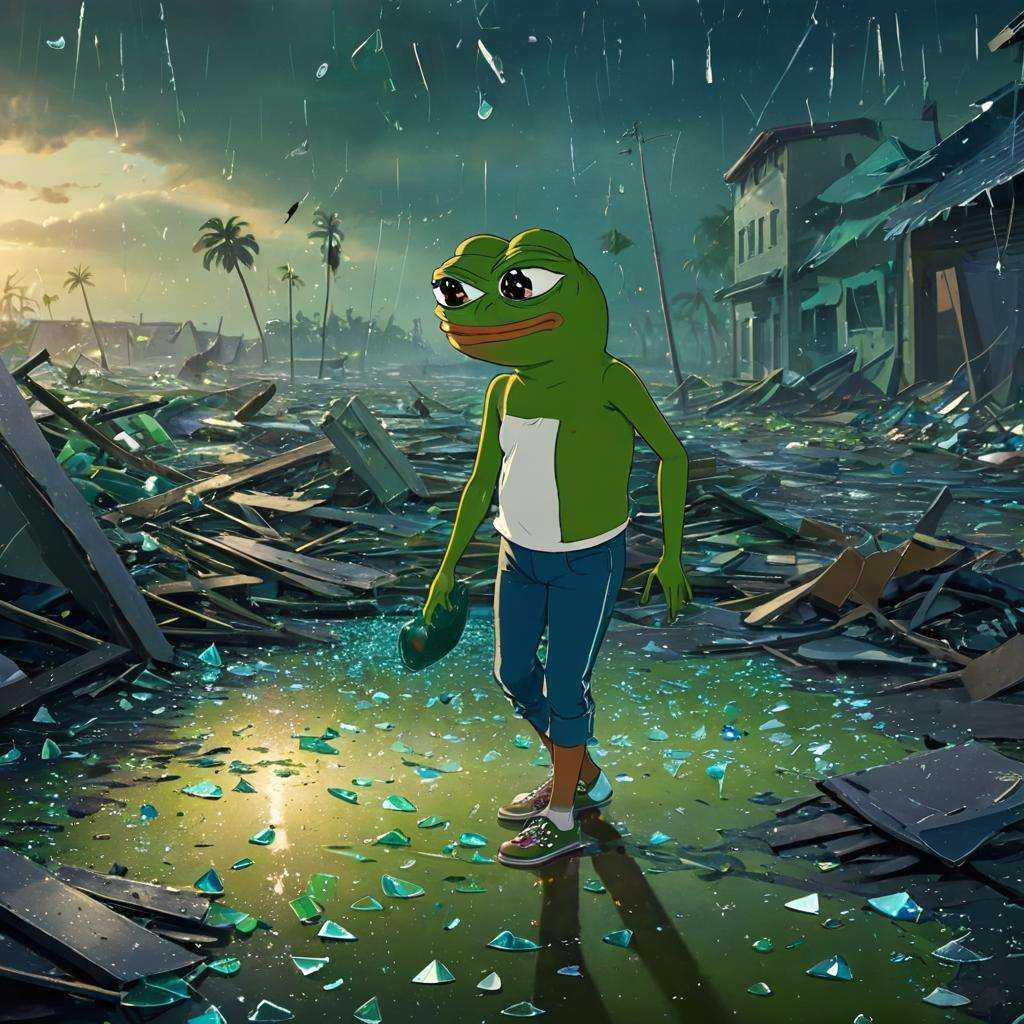 A hurricane-ravaged environment with lots of broken glass and scattered items,  (((pepe_frog))),  1 boy on Tensor.Art