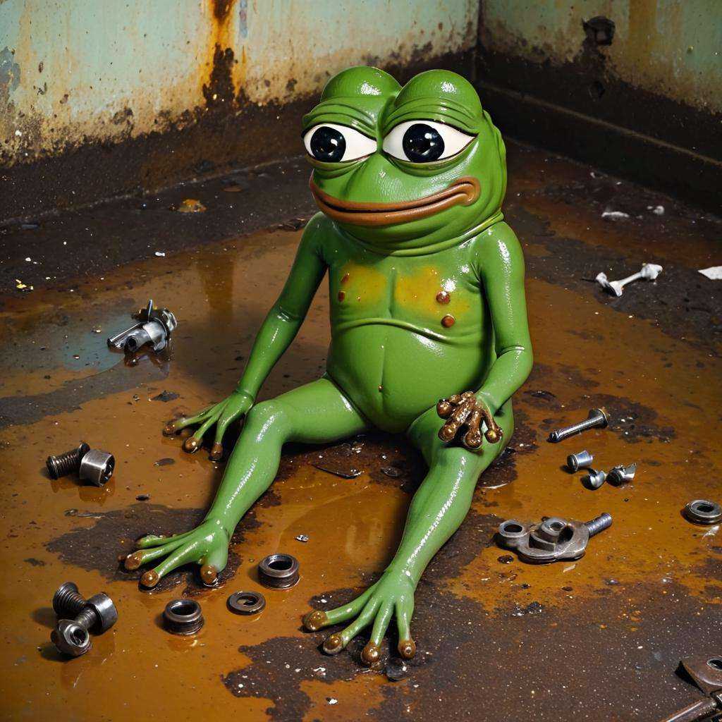 A place with oil stains on the floor with remains of bodywork and screws and a lot of rusty things,  (((pepe_frog))),  1 b...