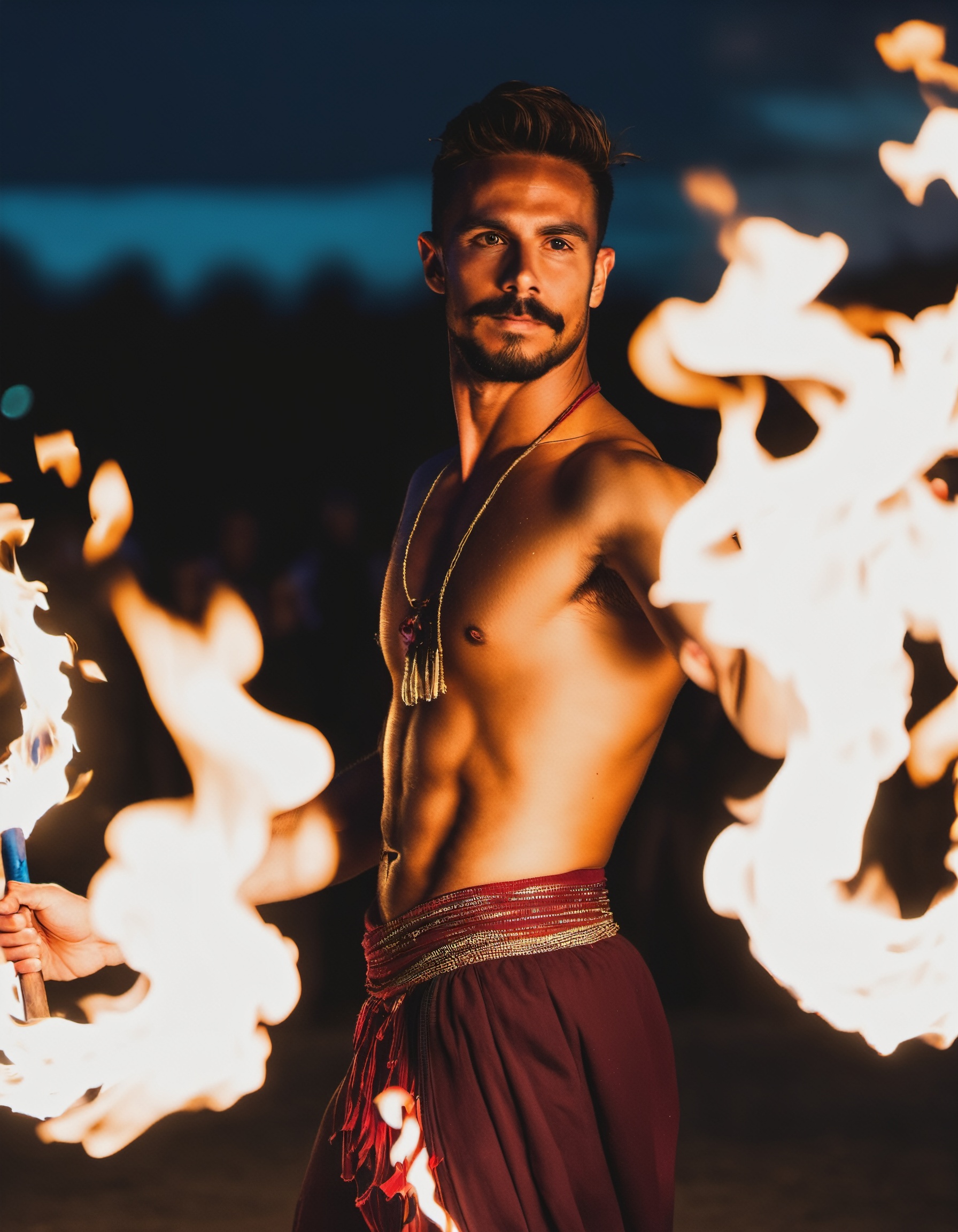 ((Immersive)), ((4K)), ((Captivating)), ((Magnificent)), ((Extraordinary)), ((Enchanting)), fantasy, (1man Fire Dancer:1.4), Flames, Graceful, raw photo, Untouched photo, RAW Image, Original photo, waning light, Weakening glow, Declining light, Fading illumination, Shallow depth of field, Zoom lens, Fast lens

