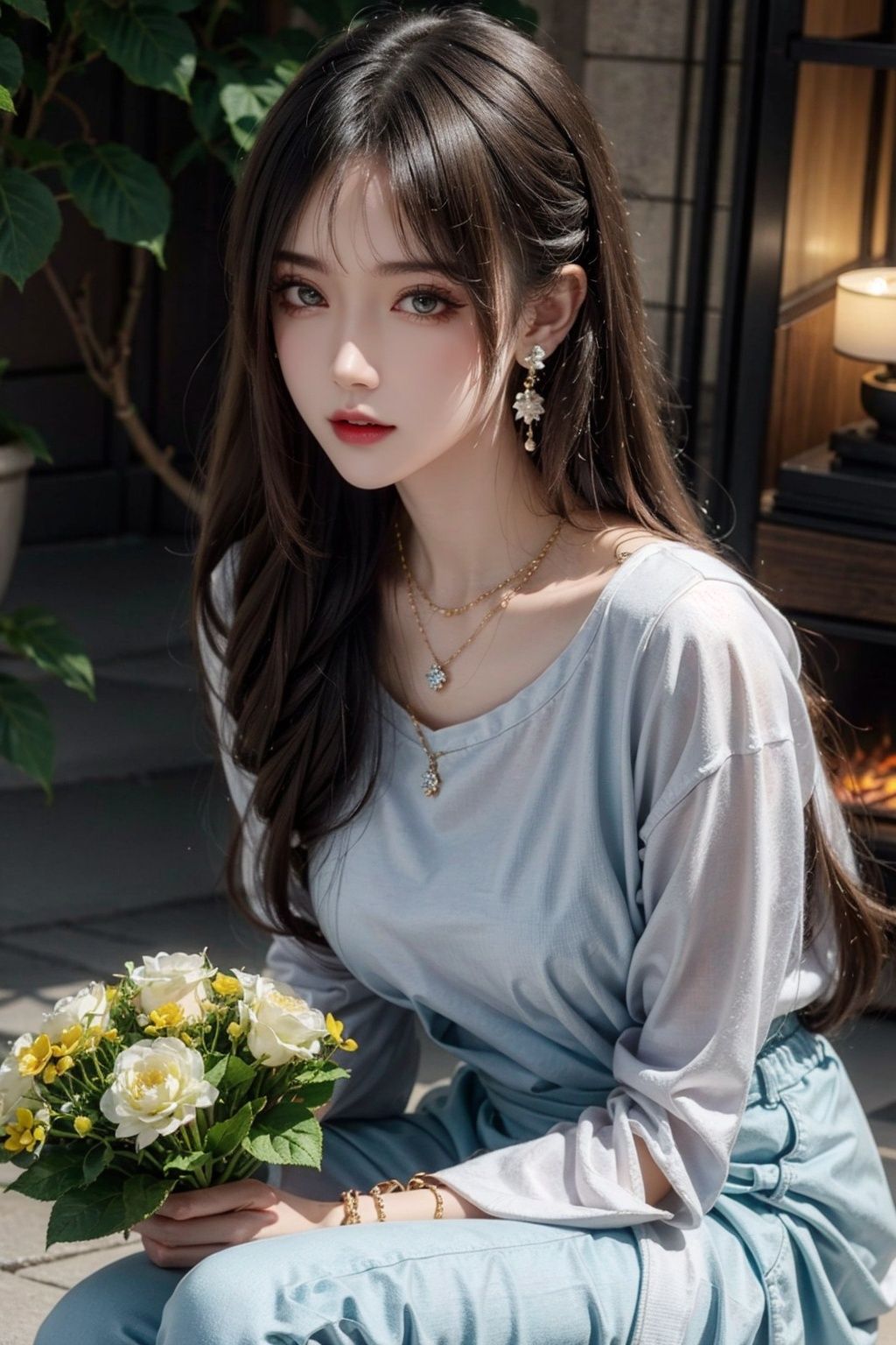 masterpiece, Original, Stand, a beautiful woman with a bouquet of flowers in her hand, long hair, wearing a suit on the upper body, light gray thick tights on the lower body, Bag, jewelry, Necklace, Earrings, Ring, rounded at the knees, waiting for someone, with a sweet smile, newspaper, The best quality, Ray tracing, 8k