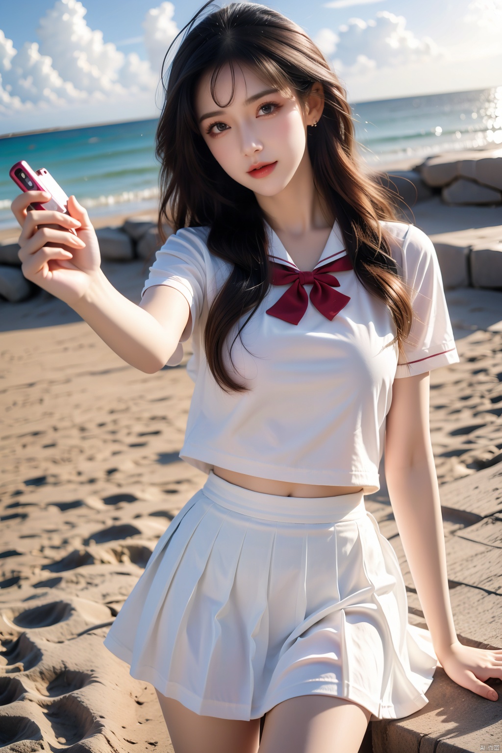  Enhanced, masterpiece, 16K, JK, 1 girl, glasses, short hair, school uniform, skirt, xxmix_girl,a woman takes a fisheye selfie on a beach at sunset, the wind blowing through her messy hair. The sea stretches out behind her, creating a stunning aesthetic and atmosphere with a rating of 1.2.,xxmix girl woman