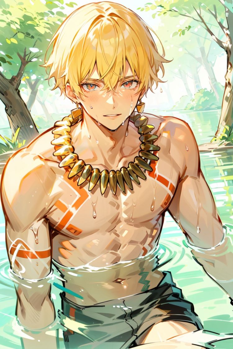 masterpiece,best quality,male focus,(manly),masculine appeal, handsome face,finely detailed eyes and face, youthful face,(solo),(alone),detailed eyes, Perfect features,(20-year-old male),narrow waist,1boy, <lora:gilgamesh-000007:1>gilgamesh, gilgamesh \(fate\), 1boy, male focus, jewelry, solo, earrings, necklace, looking at viewer, partially submerged, tattoo, wet, water, tree, outdoors, hair between eyes, bangs, nature, smile, parted lips