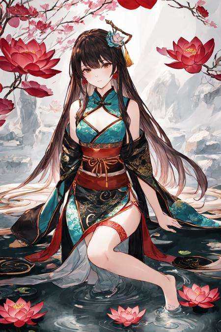 An ancient Chinese beauty sitting on a stone, wearing ancient Chinese clothing, flowing tulle, light silk, lazy posture, large lotus leaf, lotus, ink painting style, clean color, decisive cutting, blank, freehand, masterpiece, super detailed, epic composition, high quality, the highest quality<lora:blue_20230628232153-000005:0.8>