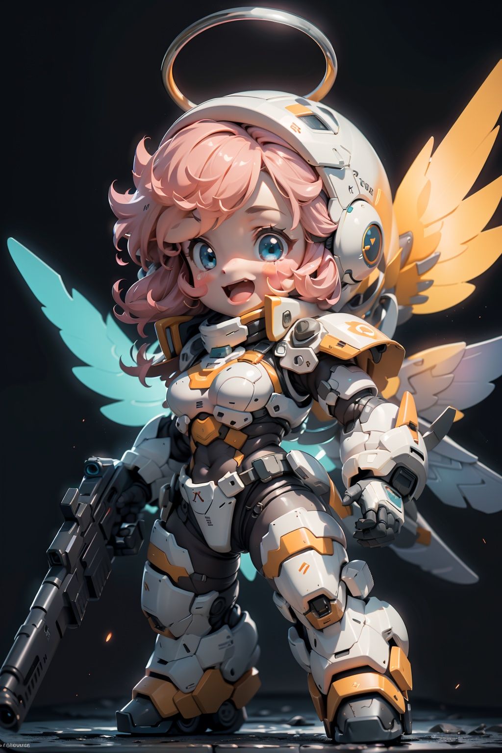 BJ_Cute_Mech,1girl,solo,breasts,looking_at_viewer,smile,open_mouth,blue_eyes,holding,standing,full_body,weapon,pink_hair,wings,chibi,holding_weapon,armor,gun,halo,blush_stickers,helmet,holding_gun,mecha_musume,power_armor,cinematic lighting,strong contrast,high level of detail,Best quality,masterpiece,White background,<lora:Cute_Mech_style(4080):0.7>,