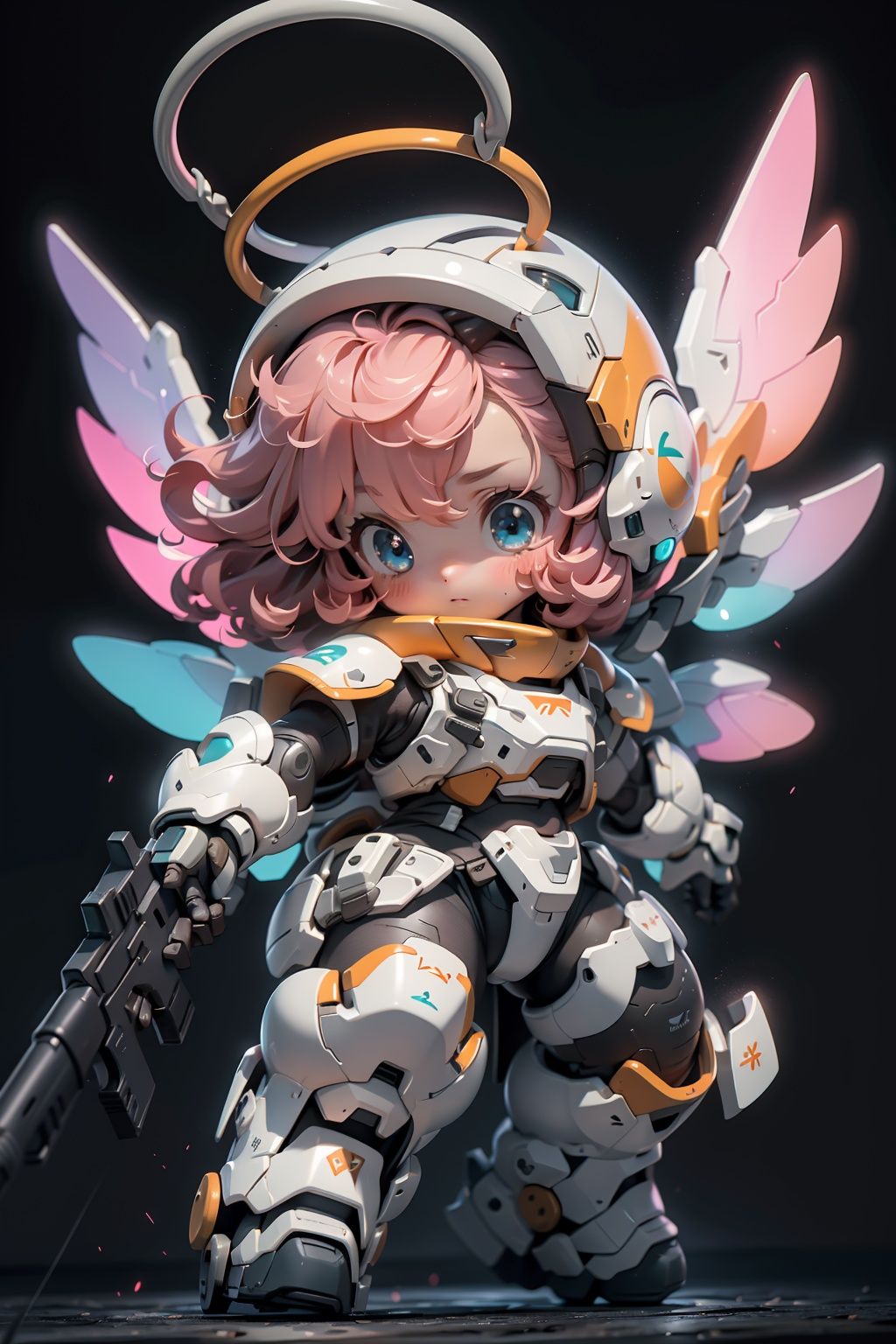 BJ_Cute_Mech,1girl,solo,looking_at_viewer,blush,bangs,blue_eyes,holding,full_body,weapon,pink_hair,wings,chibi,holding_weapon,gun,halo,helmet,black_background,holding_gun,mecha_musume,cinematic lighting,strong contrast,high level of detail,Best quality,masterpiece,White background,<lora:Cute_Mech_style(4080):0.7>,