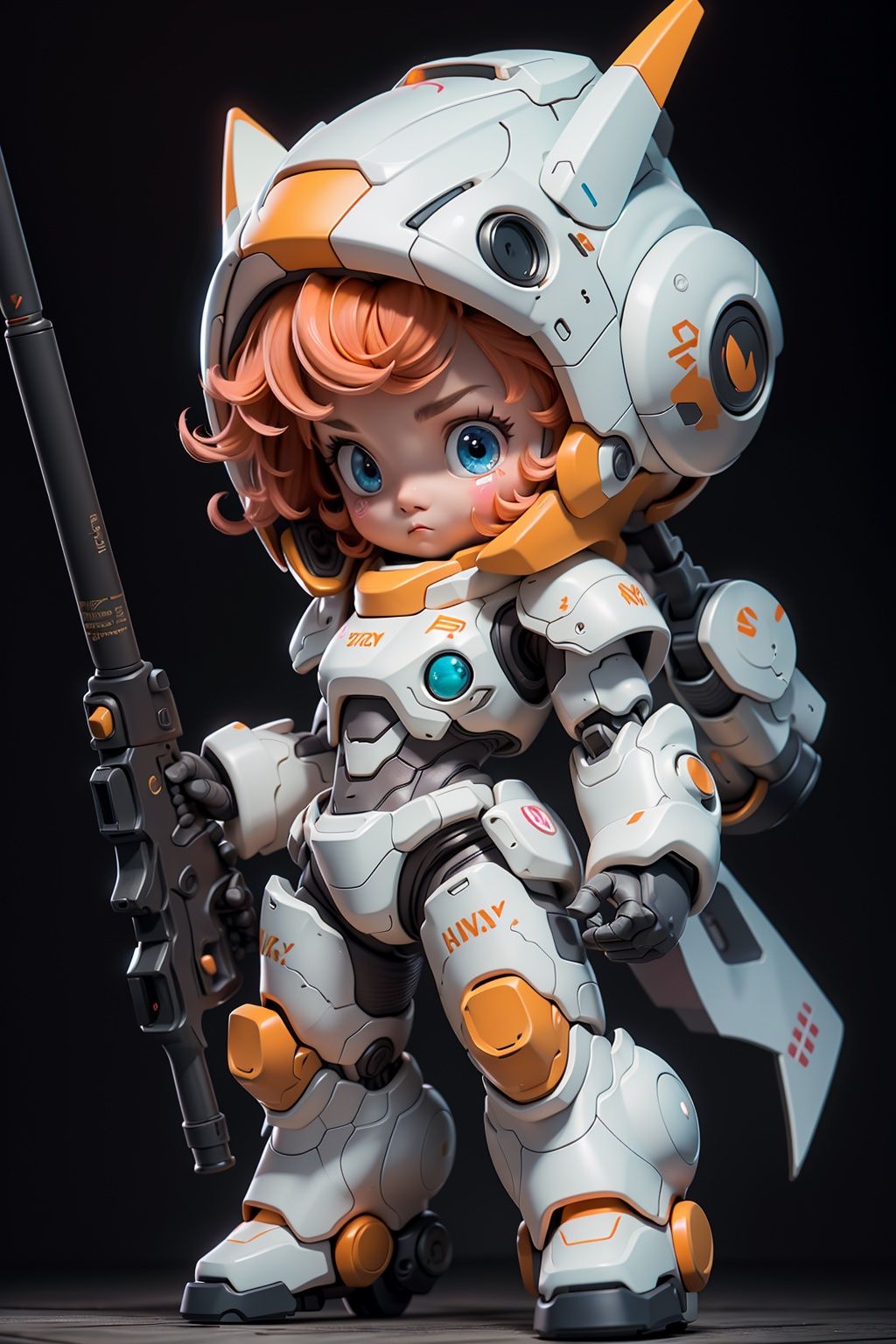BJ_Cute_Mech,1girl,solo,looking_at_viewer,blue_eyes,holding,standing,full_body,weapon,chibi,holding_weapon,orange_hair,gun,blush_stickers,helmet,black_background,holding_gun,android,mecha_musume,joints,robot_joints,cinematic lighting,strong contrast,high level of detail,Best quality,masterpiece,White background,<lora:Cute_Mech_style(4080):0.7>,