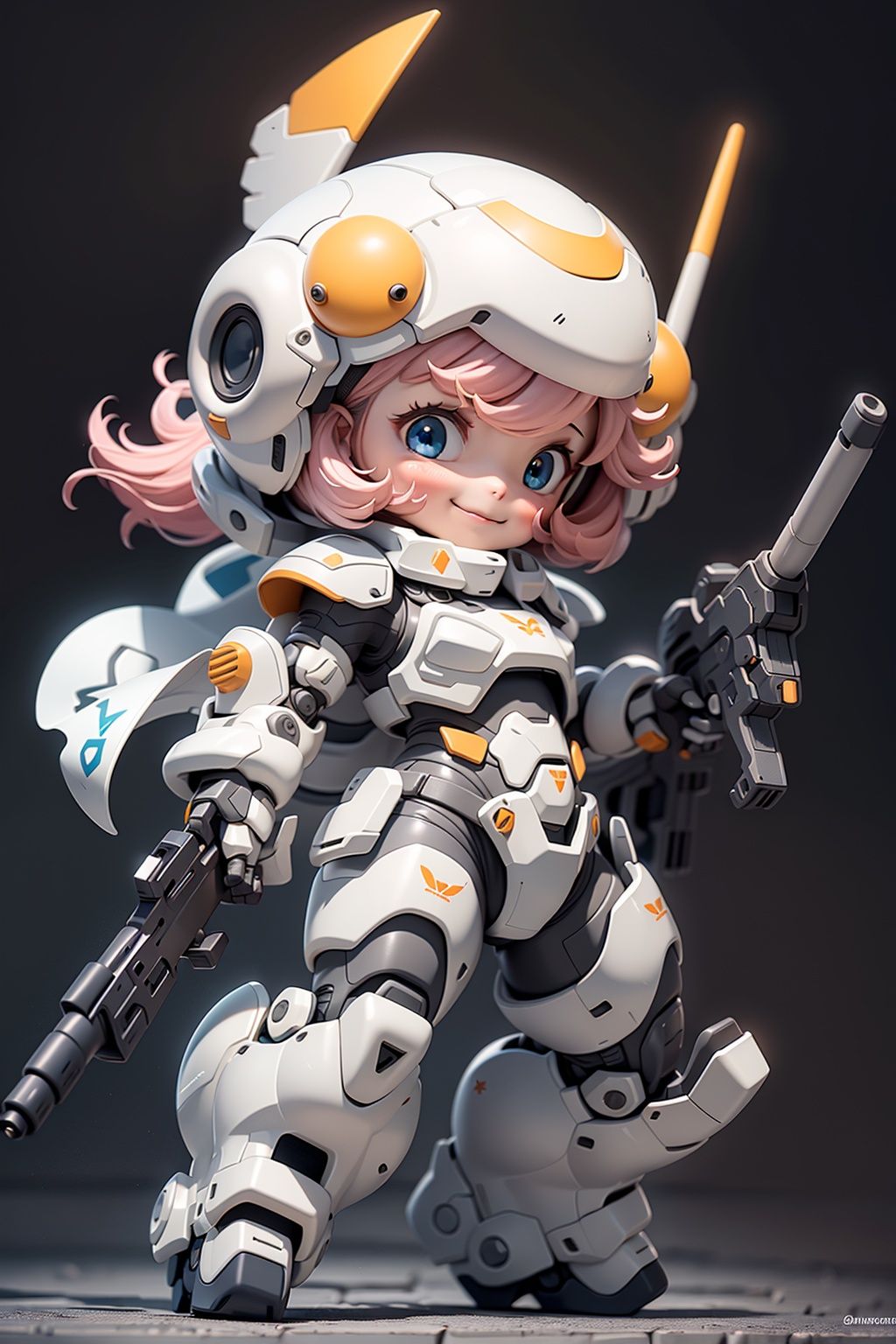 BJ_Cute_Mech,1girl,solo,looking_at_viewer,blush,smile,blue_eyes,holding,closed_mouth,standing,full_body,weapon,pink_hair,grey_background,chibi,holding_weapon,gun,helmet,mecha_musume,power_armor,cinematic lighting,strong contrast,high level of detail,Best quality,masterpiece,White background,<lora:Cute_Mech_style(4080):0.7>,