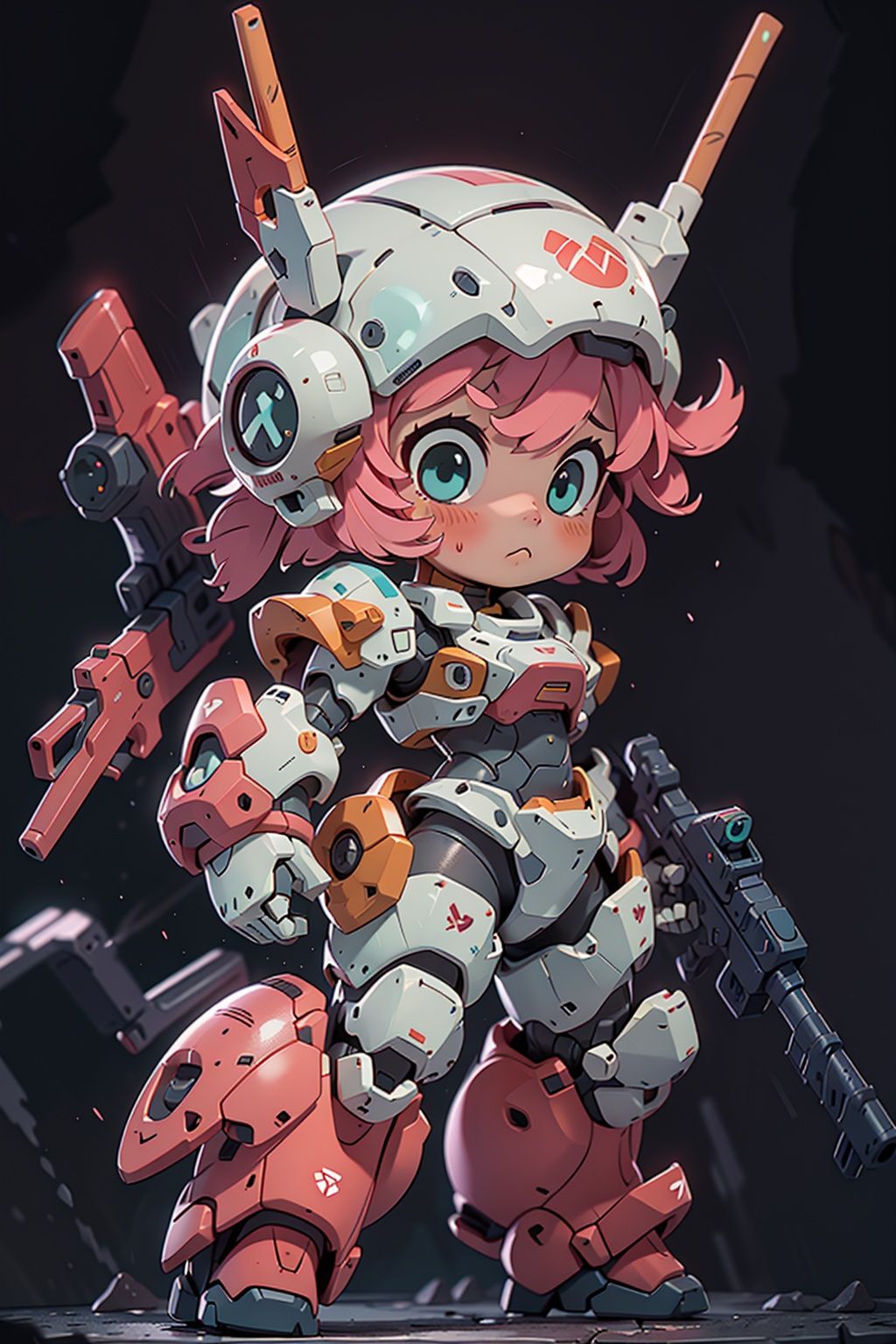 BJ_Cute_Mech,1girl,solo,blush,blue_eyes,holding,closed_mouth,standing,full_body,weapon,pink_hair,chibi,holding_weapon,armor,aqua_eyes,gun,helmet,black_background,clenched_hand,holding_gun,mecha_musume,power_armor,cinematic lighting,strong contrast,high level of detail,Best quality,masterpiece,White background,<lora:Cute_Mech_style(4080):0.7>,