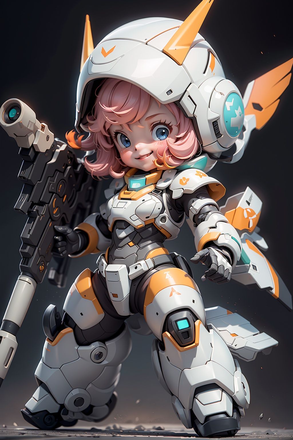 BJ_Cute_Mech,1girl,solo,looking_at_viewer,blush,smile,blue_eyes,holding,closed_mouth,standing,full_body,weapon,pink_hair,grey_background,chibi,holding_weapon,gun,helmet,mecha_musume,power_armor,cinematic lighting,strong contrast,high level of detail,Best quality,masterpiece,White background,<lora:Cute_Mech_style(4080):0.7>,