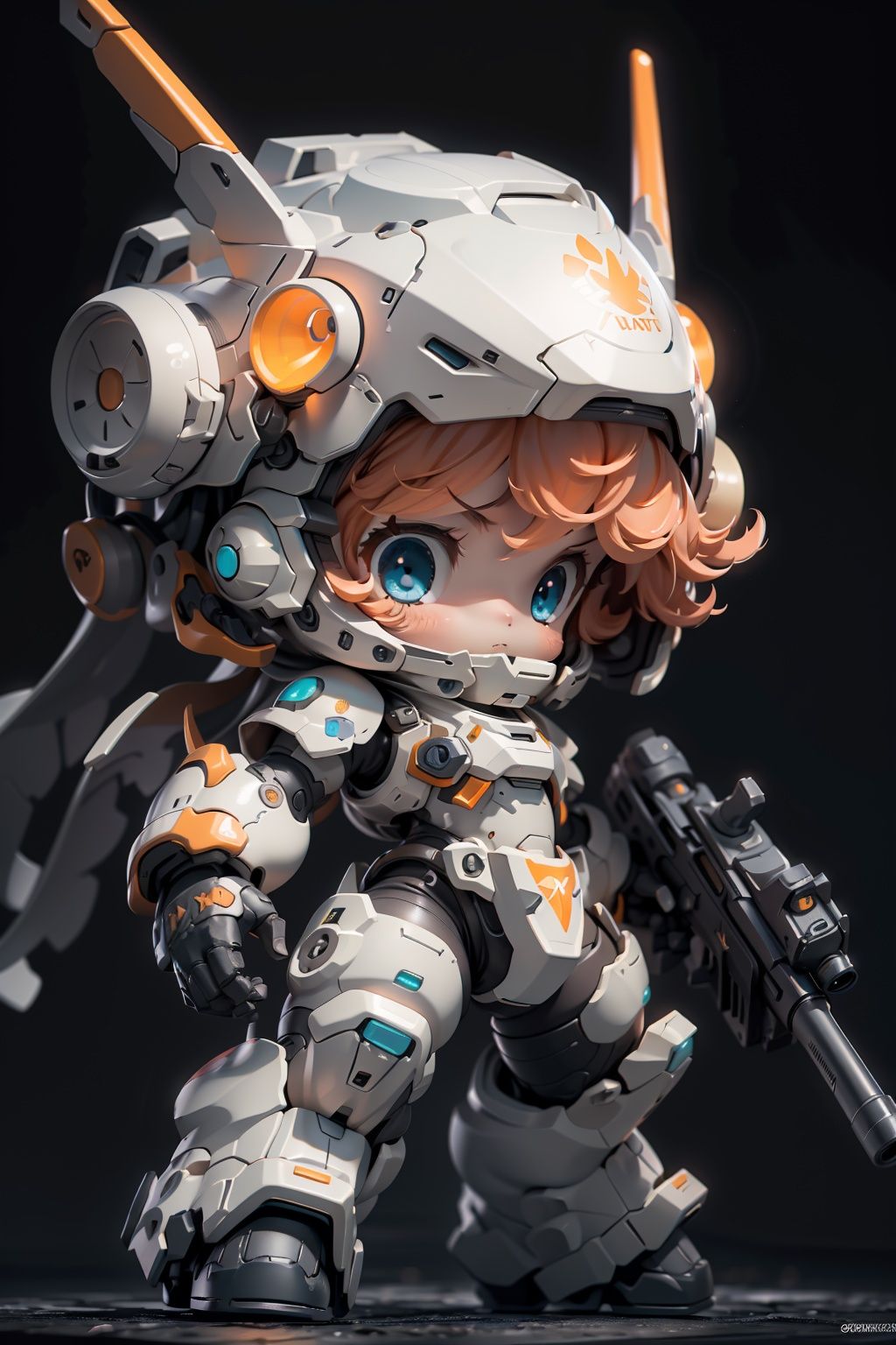 BJ_Cute_Mech,1girl,solo,blue_eyes,holding,weapon,chibi,holding_weapon,orange_hair,gun,helmet,holding_gun,cinematic lighting,strong contrast,high level of detail,Best quality,masterpiece,White background,<lora:Cute_Mech_style(4080):0.7>,