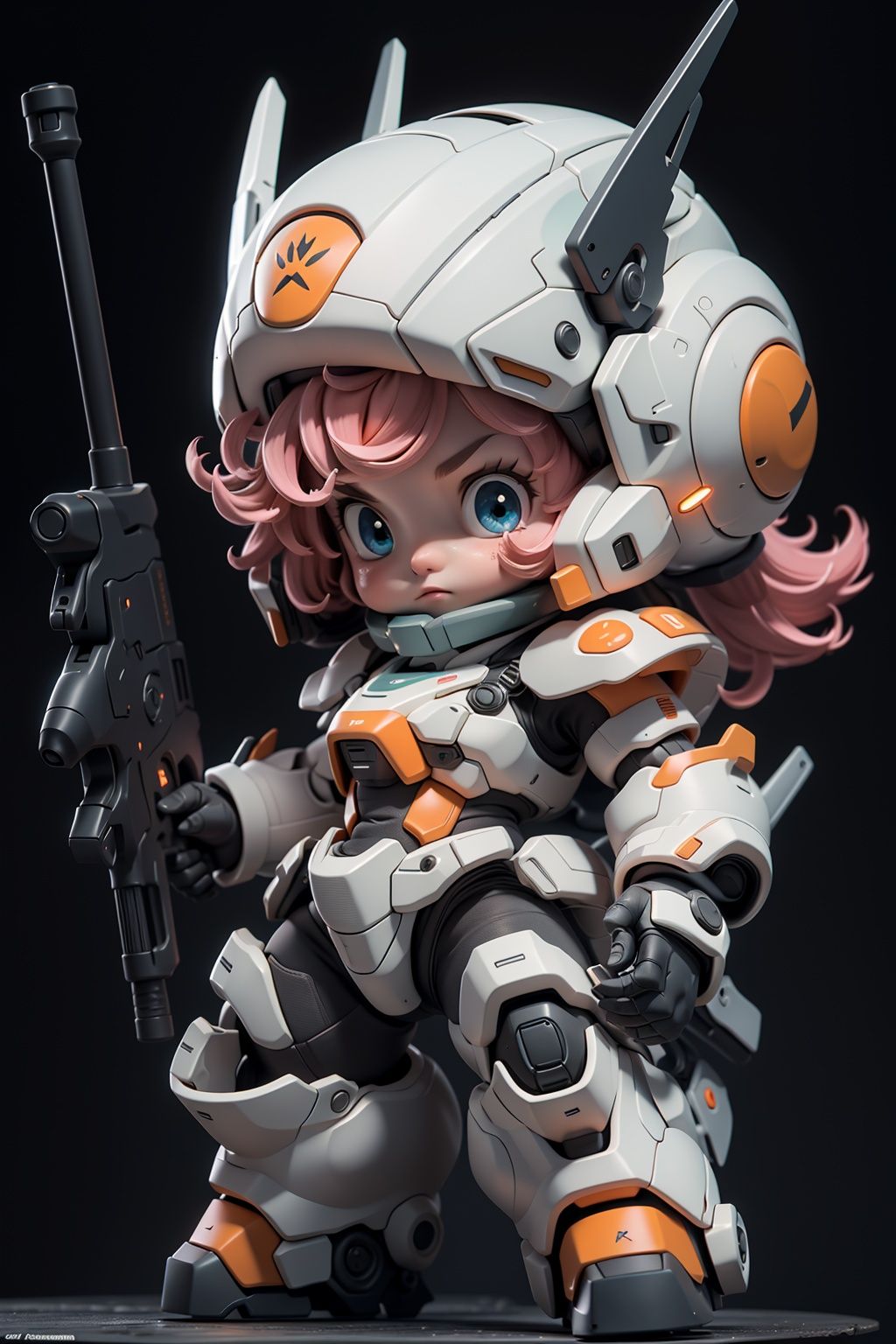 BJ_Cute_Mech,1girl,solo,looking_at_viewer,blue_eyes,holding,full_body,weapon,pink_hair,chibi,holding_weapon,gun,helmet,black_background,holding_gun,mecha_musume,cinematic lighting,strong contrast,high level of detail,Best quality,masterpiece,White background,<lora:Cute_Mech_style(4080):0.7>,