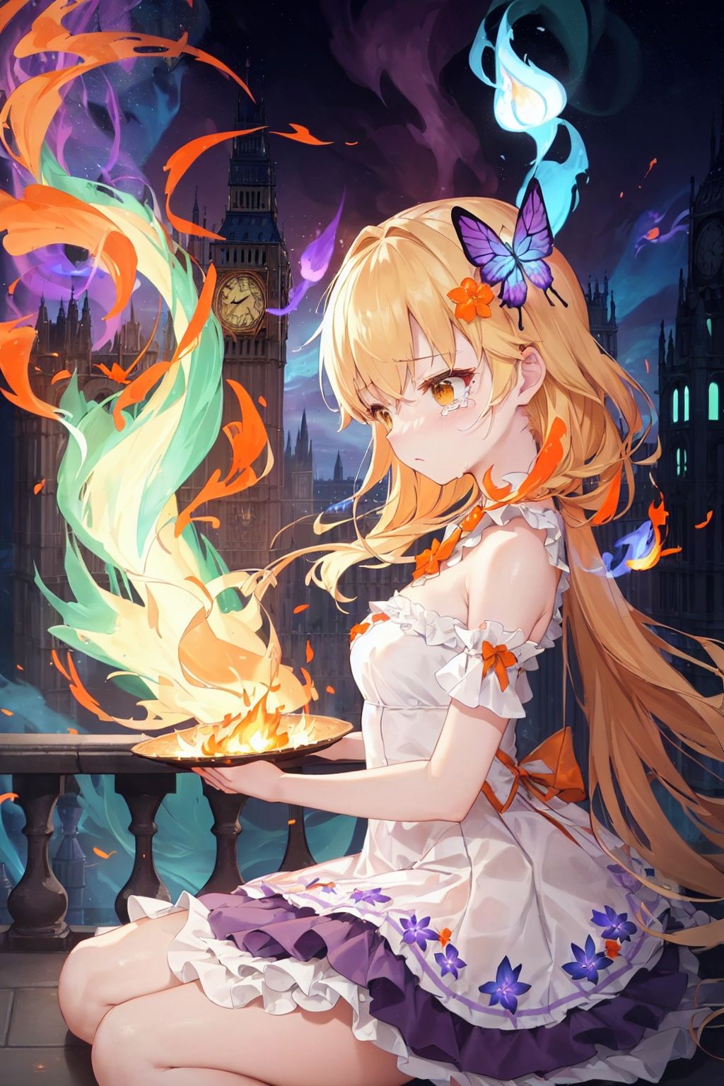 (detailed light), (an extremely delicate and beautiful), volume light, best shadow,cinematic lighting, flash, Depth of field, dynamic angle, [nsfw:0.8], Oily skin, 1 Ifrit, (Cowboy shot, wide Angle lens)
(London Castle:1.2), (1 Ifrit sitting on balcony), (from side), dreamily colored fog
([Aurora|floating flame at sky:2]:1.25), (floating flames burn in the sky, explosion:1.3), (imagination), (Floating ash, like the sparks of colorful butterflies:1.2)
(solo), (Yellow hair, Princess Lolita dress), cute face, Detailed ruffles, (Sad, crying), (Burning hair), [Hair flower:colorful flame:0.2]
((white flame,green flame,orange flame,purple flame,blue flame):1.366)