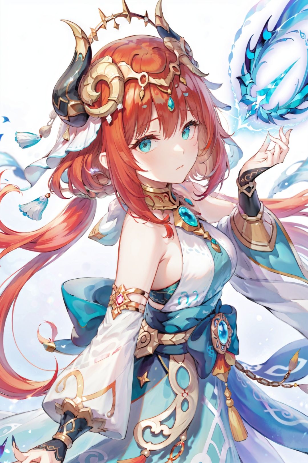 ultra-detailed,(best quality),((masterpiece)),(highres),original,extremely detailed 8K wallpaper,(an extremely delicate and beautiful),best_handanime,1girl,nilou (genshin impact),red hair,aqua eyes,hair ornament,horns,white background,<lora:nilou_xl:0.7>,