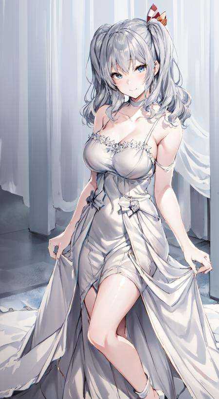 1girl, solo, masterpiece, best quality, standing, blush, full body, <lora:4BMix2: 1> <lora:[Fix]hipoly3DModelLora_v10:0.1>  <lora:[Fix]beautifulDetailedEyes_v10:0.3> ,  smile, grey hair, wavy hair, twintails, tsurime, blue eyes, large breast, bare shoulders, sleeveless dress,  covered neck, hair flower, cleavage cutout, collarbone, pov,(long dress, white dress, formal:1.4), kashima \(kancolle\), 