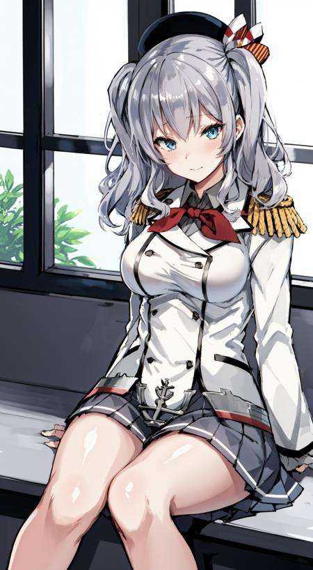 1girl, solo, masterpiece, best quality, blush, indoors, rossing legs, windows, sitting on desk,  pov, <lora:4BMix2: 1> <lora:[Fix]hipoly3DModelLora_v10:0.1>  <lora:[Fix]beautifulDetailedEyes_v10:0.3>, KashimaOG, kashima \(kancolle\),  grey hair, blue eyes, wavy hair, twin tails, tsurime, beret, epaulettes, frilled sleeves,  jacket, large breasts, long sleeves, military, military uniform, miniskirt, pleated skirt, red neckerchief, tsurime, white gloves, anchor 