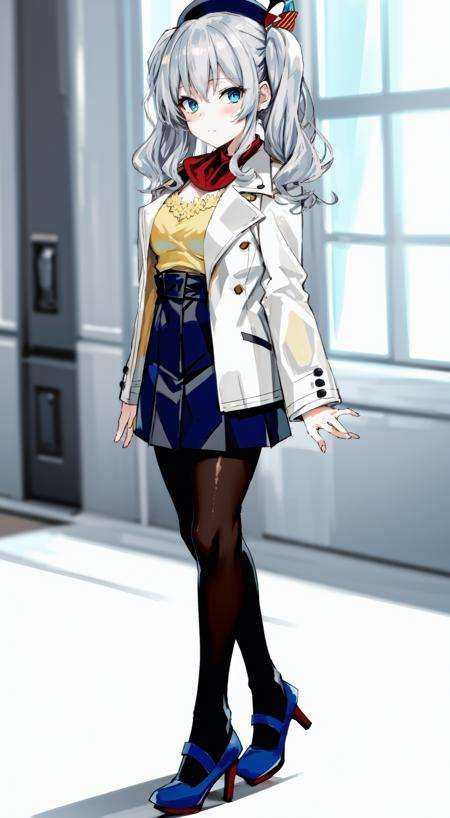 1girl, solo, masterpiece, best quality, standing, blush, full body, <lora:4BMix2: 1> <lora:[Fix]hipoly3DModelLora_v10:0.1>  <lora:[Fix]beautifulDetailedEyes_v10:0.3> ,  grey hair, wavy hair, twintails, tsurime, blue eyes, large breasts, KashimaCasual, (red silk scarf), beret, buttons, long sleeves, white jacket, cleavage, collarbone, (high-waist skirt, black dress, ) ,(yellow shirt, open jacket, :1.2)high heels, black shoes,  pantyhose, 