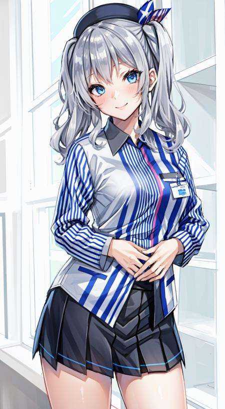 1girl, solo, masterpiece, best quality, blush, indoors, a girl is serving customers in a convenience store , standing, smile, pov, <lora:4BMix2: 1> <lora:[Fix]hipoly3DModelLora_v10:0.1>  <lora:[Fix]beautifulDetailedEyes_v10:0.3> groceries,  shelf,  lawson,  upper body,, KashimaLawson, grey hair,  twin tails, blue eyes, wavy hair,  beret,  employee uniform,  long sleeves,  miniskirt, name tag, vertical-striped shirt,