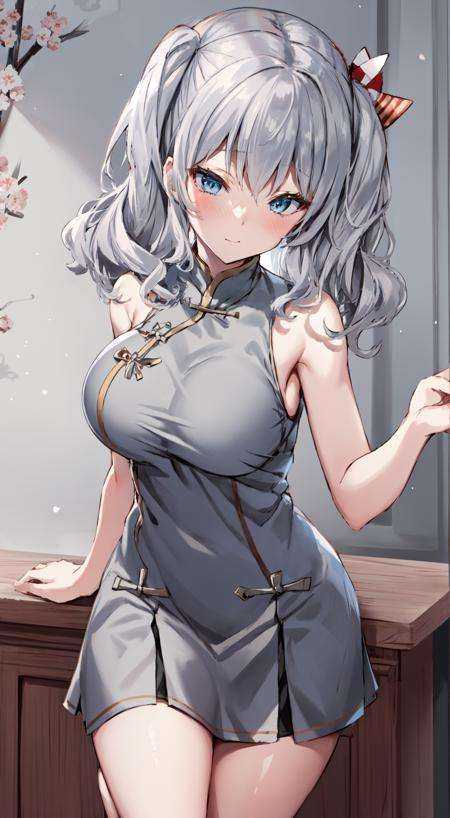 1girl, solo, masterpiece, best quality, standing, blush, full body, <lora:4BMix2: 1> <lora:[Fix]hipoly3DModelLora_v10:0.1>  <lora:[Fix]beautifulDetailedEyes_v10:0.3> ,  grey hair, wavy hair, twintails, tsurime, blue eyes, large breast, china dress,  chinese restaurant,  indoors, bare shoulders, bare arms, 