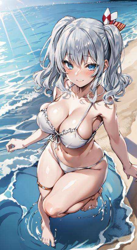 1girl, solo, masterpiece, best quality, standing, blush, full body, <lora:4BMix2: 1> <lora:[Fix]hipoly3DModelLora_v10:0.1>  <lora:[Fix]beautifulDetailedEyes_v10:0.3> ,  smile, grey hair, wavy hair, twintails, tsurime, blue eyes, large breast, swimsuit, ocean, beach,