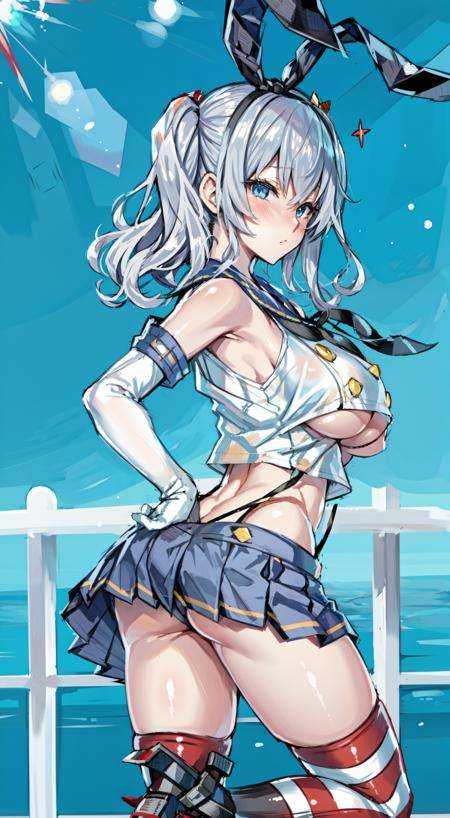 1girl, solo, masterpiece, best quality, standing, seaside, ocean, blush, embarrassed,  looking back, back to viewer,<lora:4BMix2: 1> <lora:[Fix]hipoly3DModelLora_v10:0.3>  <lora:[Fix]beautifulDetailedEyes_v10:0.3> , ass,, Kashimaze, shimakaze \(kancolle\) \(cosplay\), grey hair, twin tails, blue eyes, wavy hair, tsurime,   serafuku, sailor collar,  sleeveless, elbow gloves, gloves, skirt, miniskirt, underboob,  microskirt, bowtie, crop top overhang, midriff,  striped thighhighs, highleg panties, large breasts,