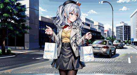 1girl, solo, masterpiece, best quality, standing, blue sky, blush, a girl shopping in plaza,  looking away, shopping bag, <lora:4BMix2: 1> <lora:[Fix]hipoly3DModelLora_v10:0.3>  <lora:[Fix]beautifulDetailedEyes_v10:0.3> ,, KashimaCasual, grey hair, twin tails, blue eyes, wavy hair, tsurime,  beret, black pantyhose, breasts, buttons, high heels, long sleeves,  red neckerchief,  white jacket,  ( high-waist skirt, black dress, black shoes, cleavage, collarbone, ) ,(yellow shirt,  open jacket, :1.2)