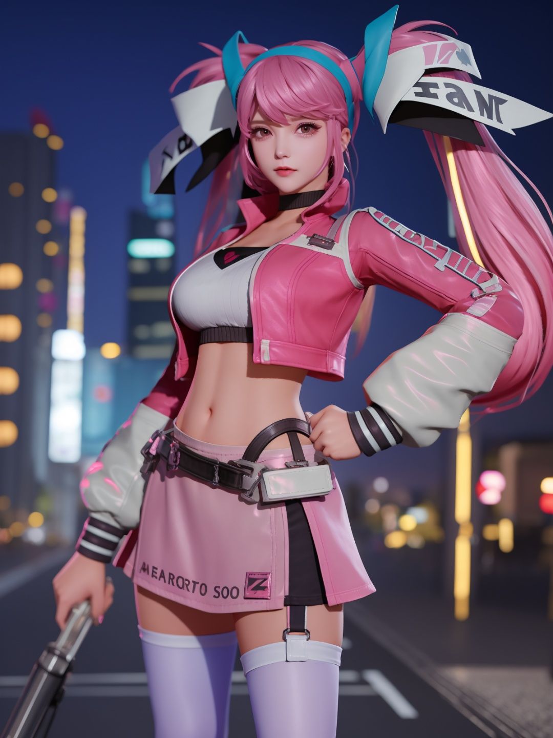 WZRYsunshangxiangPHZG, 1girl, solo, pink hair, thighhighs, long hair, twintails, skirt, navel, midriff, breasts, pink eyes,hand on hip, cropped jacket, crop top, long sleeves, standing, belt, bangs,hairband,choker,  <lora:WZRYsunshangxiangPHZG:0.75>,mature female, cityscape, night,looking at viewer, 