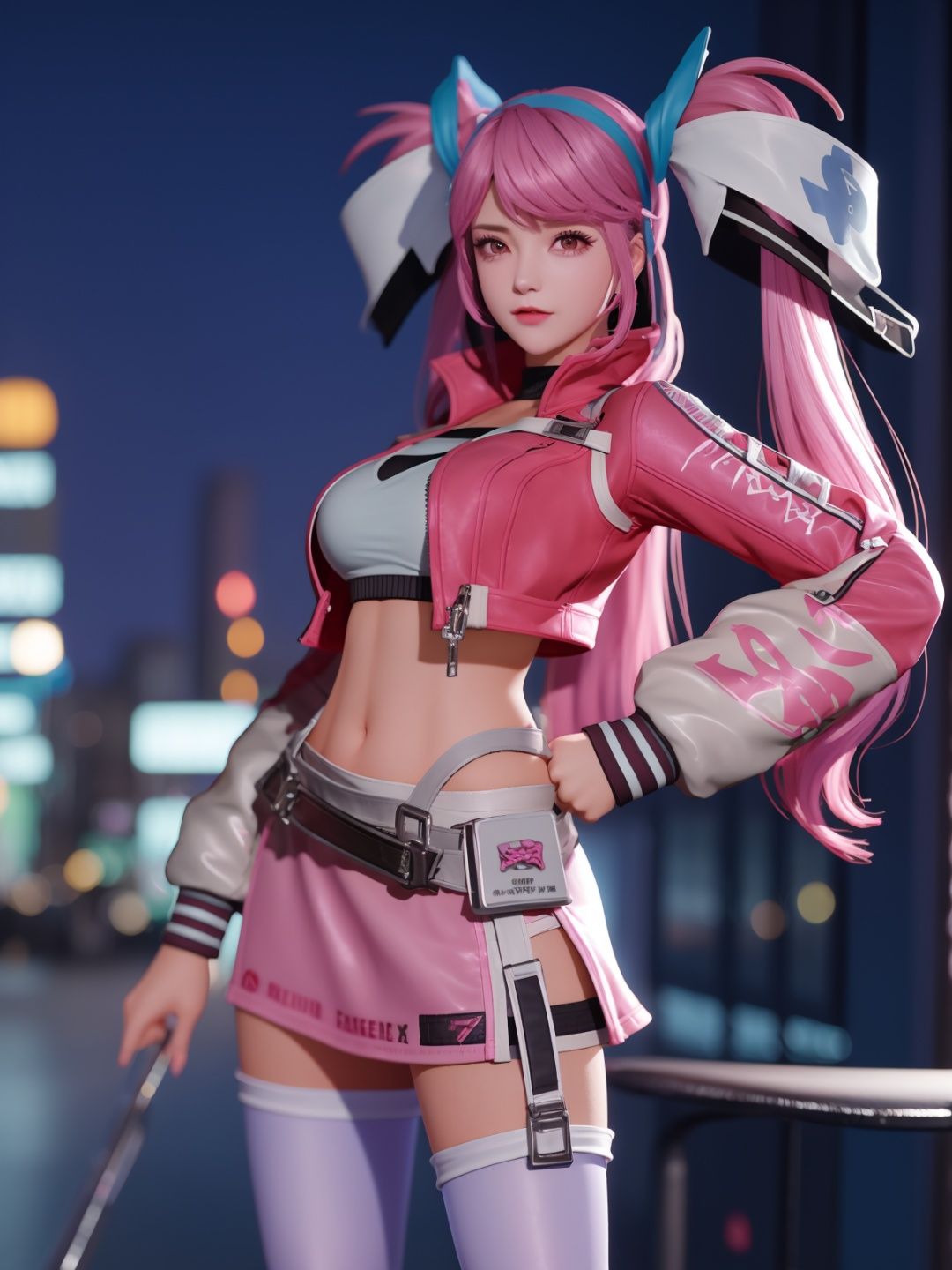 WZRYsunshangxiangPHZG, 1girl, solo, pink hair, thighhighs, long hair, twintails, skirt, navel, midriff, breasts, pink eyes,hand on hip, cropped jacket, crop top, long sleeves, standing, belt, bangs,hairband,choker,  <lora:WZRYsunshangxiangPHZG:0.75>,mature female, cityscape, night,looking at viewer, 