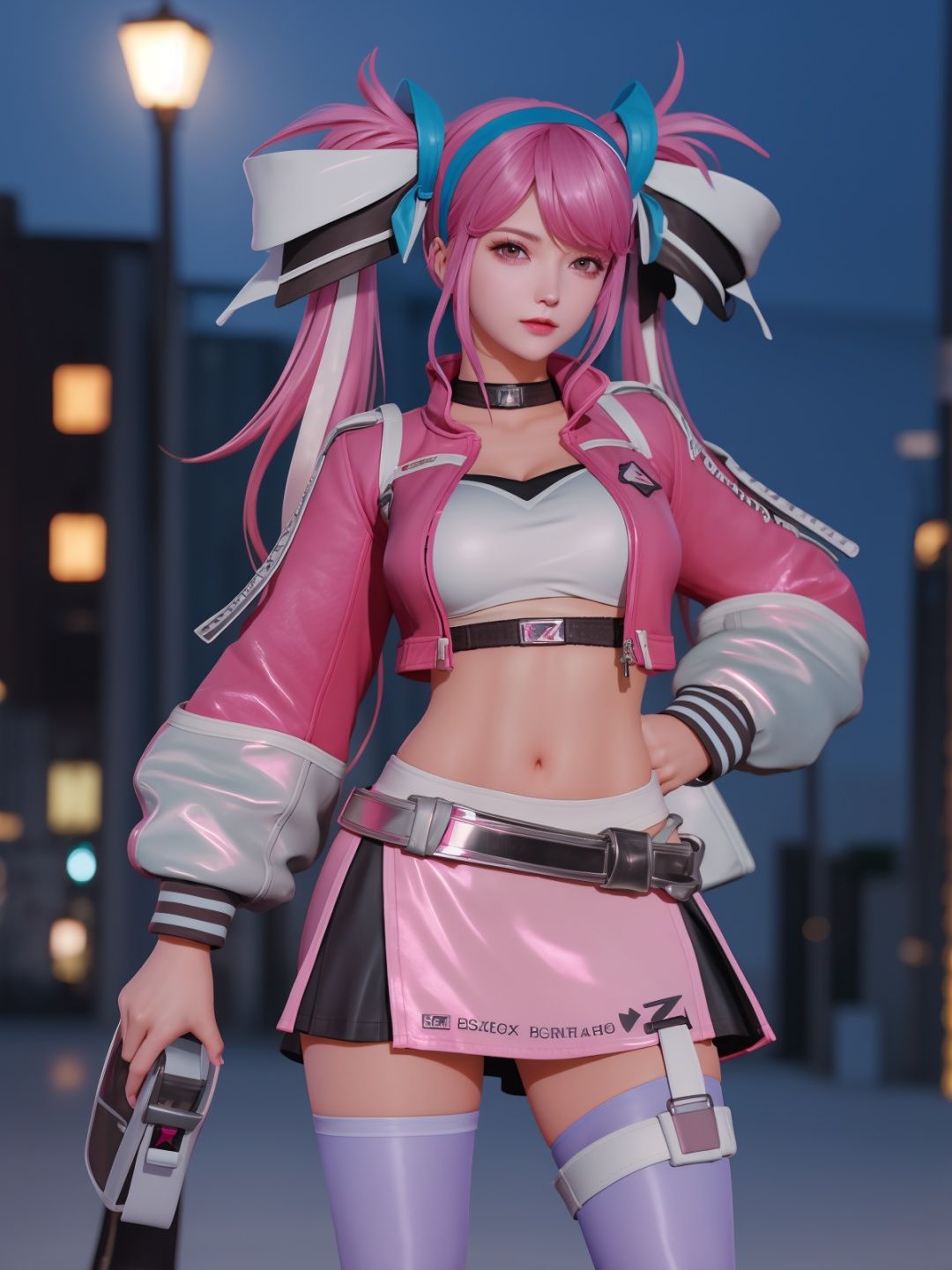 WZRYsunshangxiangPHZG, 1girl, solo, pink hair, thighhighs, long hair, twintails, skirt, navel, midriff, breasts, pink eyes,hand on hip, cropped jacket, crop top, long sleeves, standing, belt, bangs,hairband,choker,  <lora:WZRYsunshangxiangPHZG:0.75>,mature female, cityscape, night,looking at viewer, 