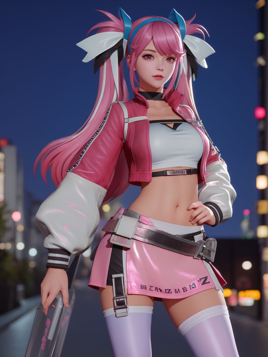 WZRYsunshangxiangPHZG, 1girl, solo, pink hair, thighhighs, long hair, twintails, skirt, navel, midriff, breasts, pink eyes,hand on hip, cropped jacket, crop top, long sleeves, standing, belt, bangs,hairband,choker,  <lora:WZRYsunshangxiangPHZG:0.75>,mature female, cityscape, night,looking at viewer, 