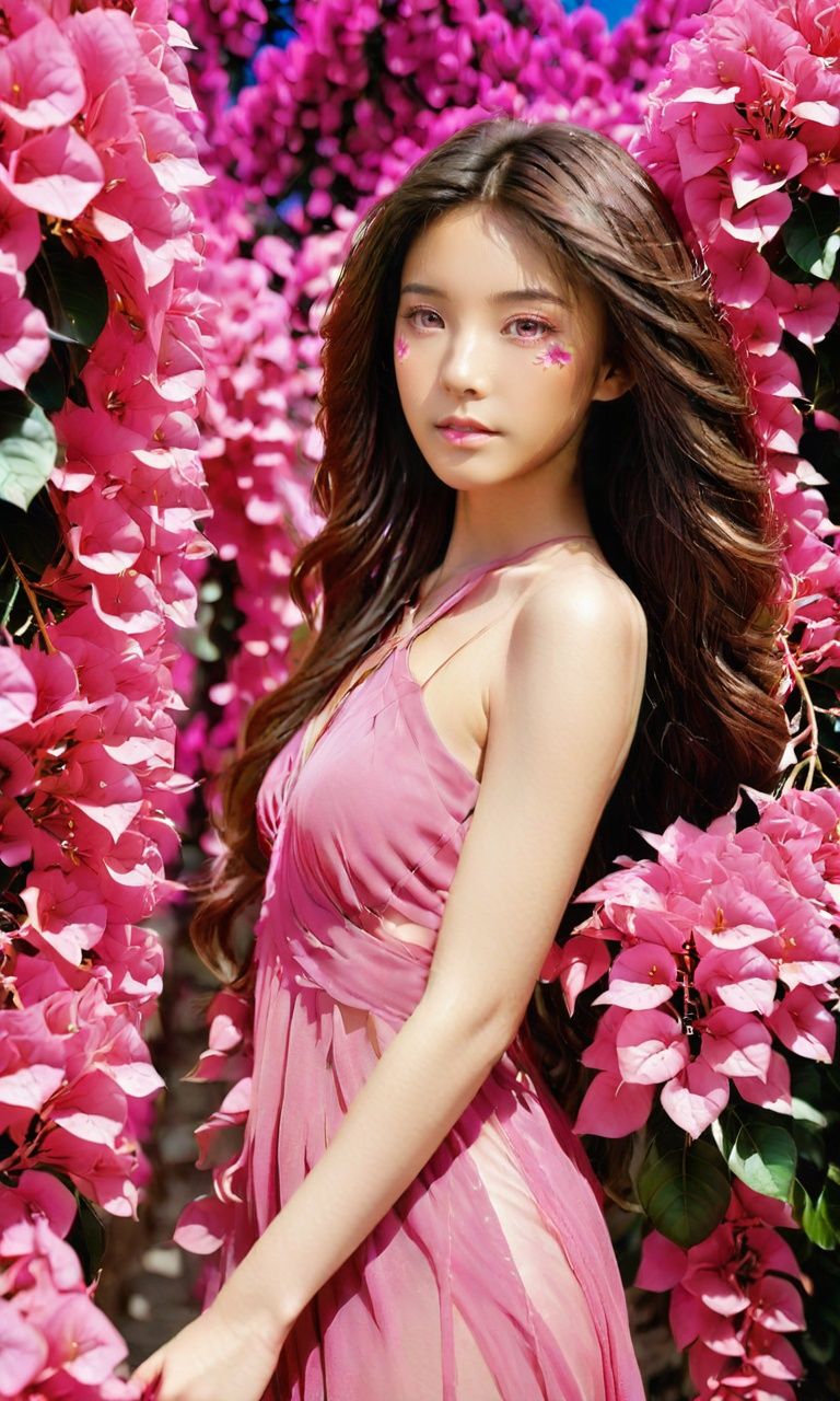xs_zwr_t2, 1girl, solo, flower, brown hair, realistic, long hair, looking at viewer, dress, pink dress, brown eyes, upper body,<lora:xszwr:1>,