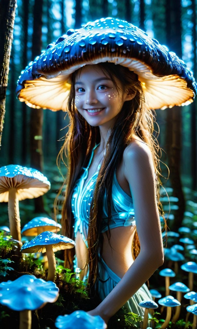 xs_zwr_t3,1girl,solo,light smile, moonlight, blue theme,looking at viewer,glowing mushroom,realistic, long hair,upper body,<lora:xszwr:1>,