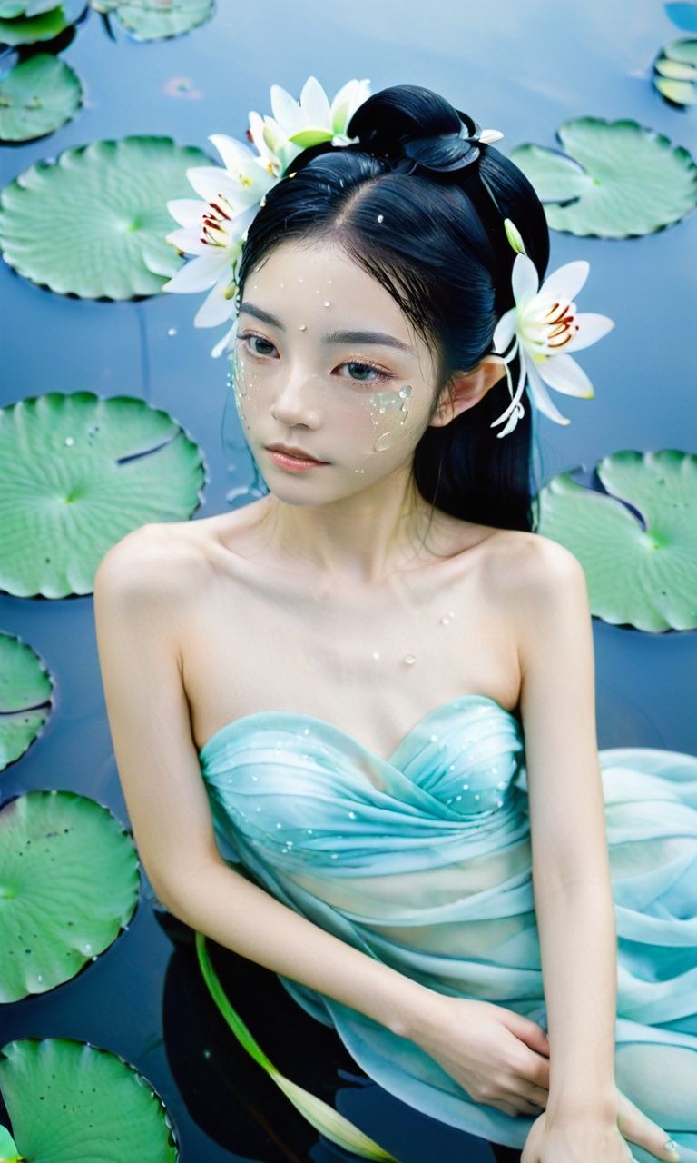 xs_zwr_t2, 1girl, black hair, solo, hair ornament, long hair, flower, water, hair flower, lily pad, ripples, bare shoulders,<lora:xszwr:1>,