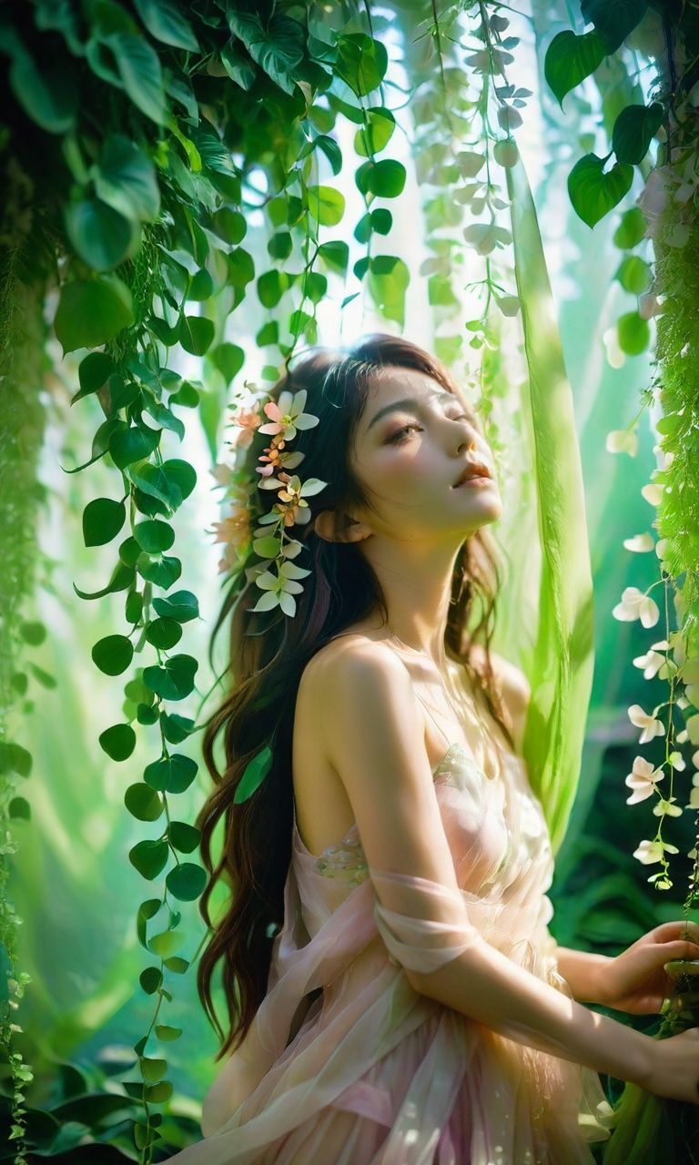 xs_zwr_t2, 1girl, looking up, solo, long hair, closed eyes, brown hair, sunlight, plant, dress, flower.,<lora:xszwr:1>,