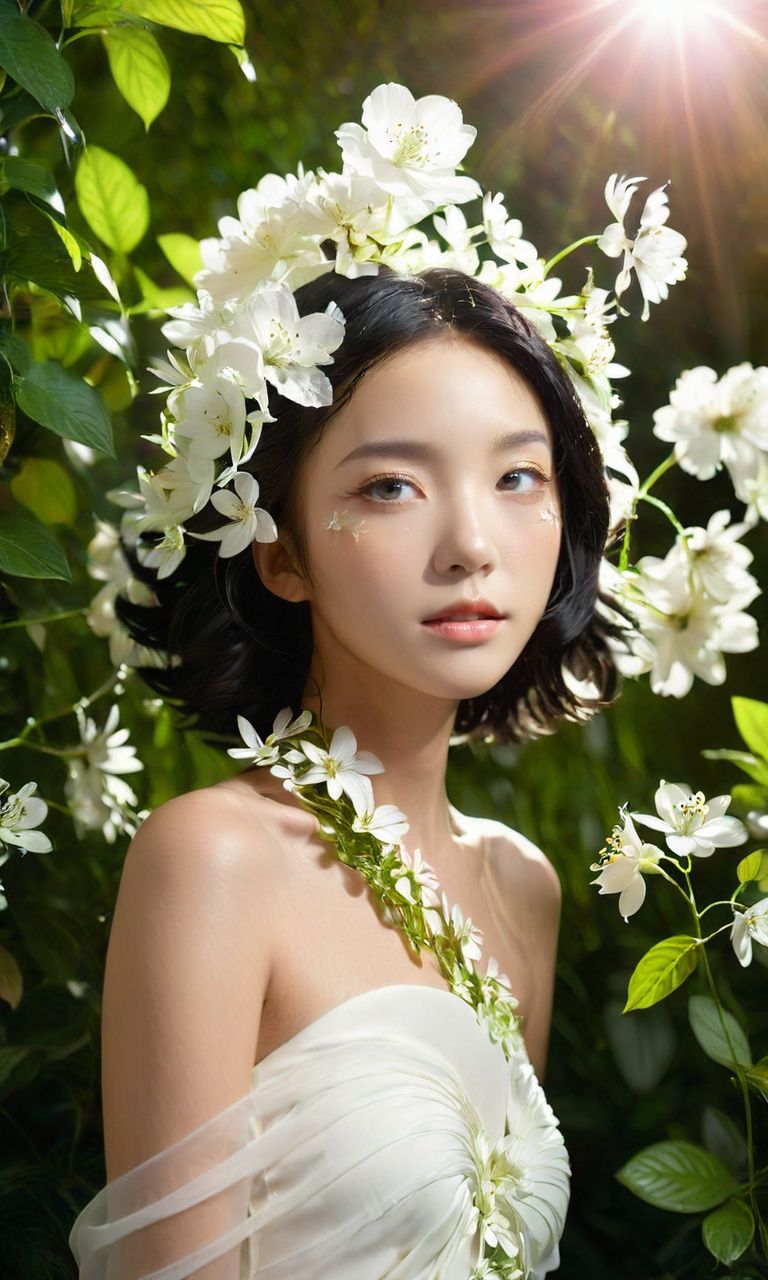xs_zwr_t3, 1girl, solo, flower, looking at viewer, lips, realistic, upper body, bare shoulders, black hair, plant, white flower, dress, hair flower,<lora:xszwr:1>,