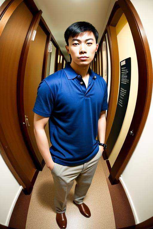 portrait of a handsome asian man in hallway,  night,  blue shirt on Tensor.Art